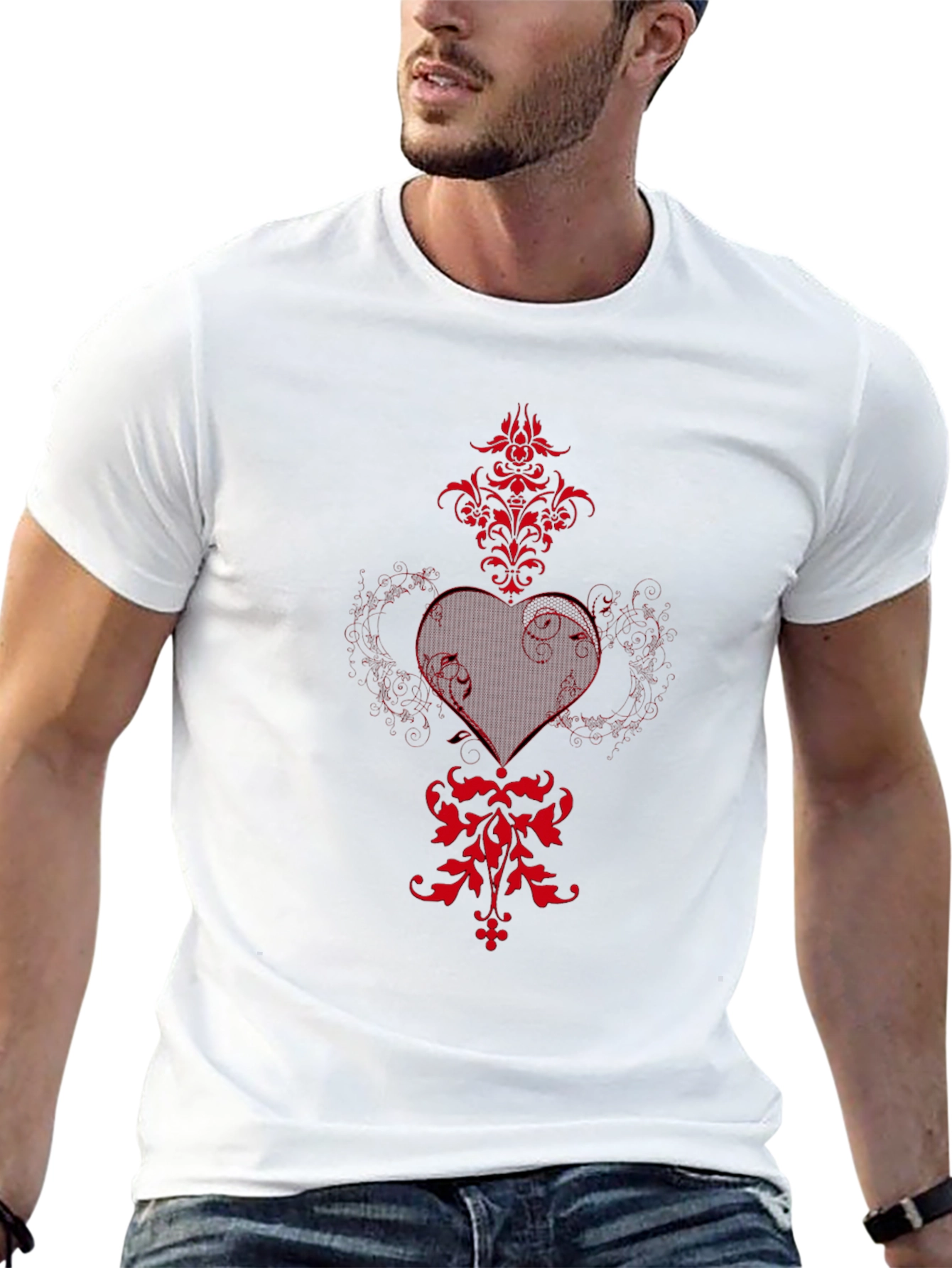 Black T-Shirt with Red Heart and Floral Design
