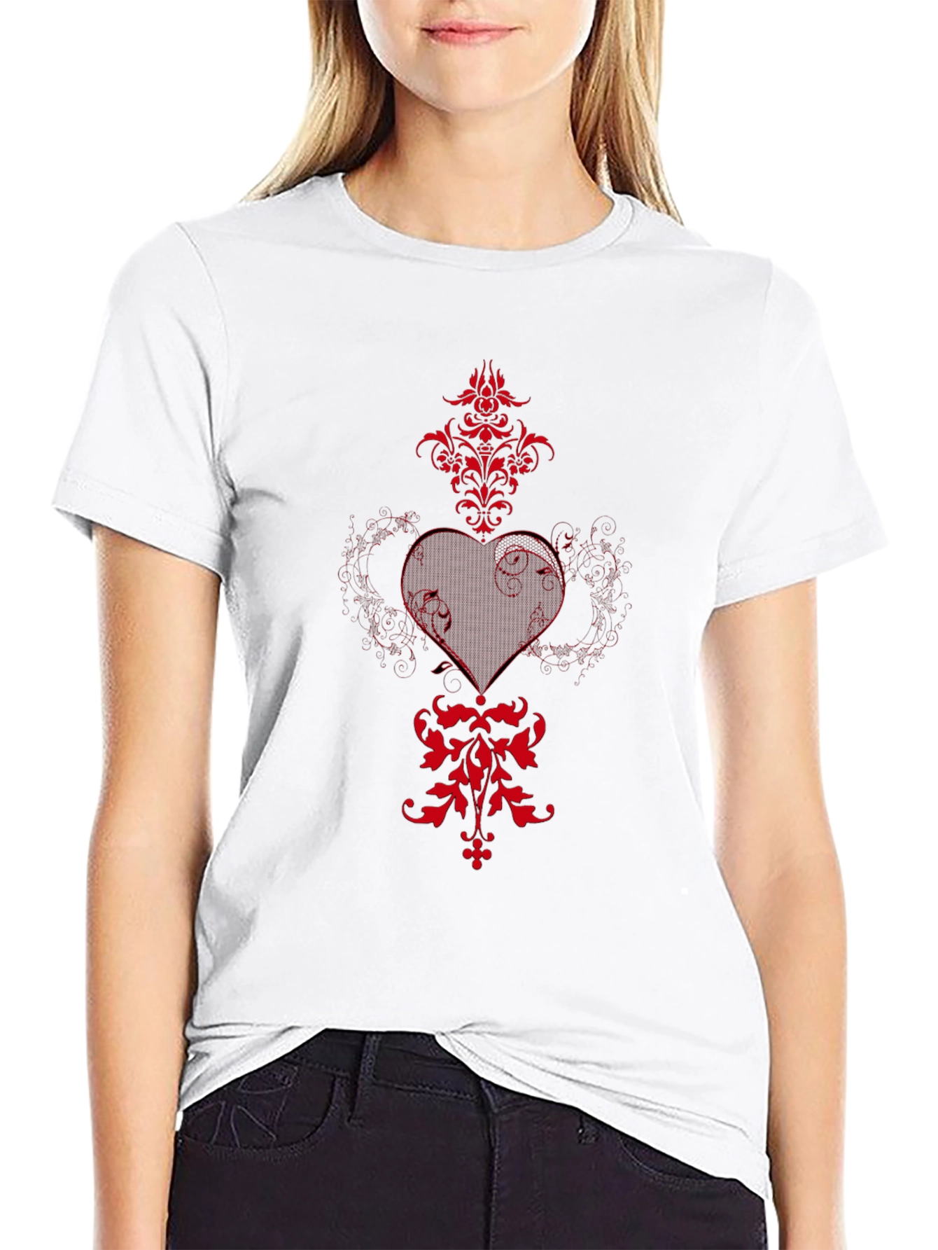 Black T-Shirt with Red Heart and Floral Design