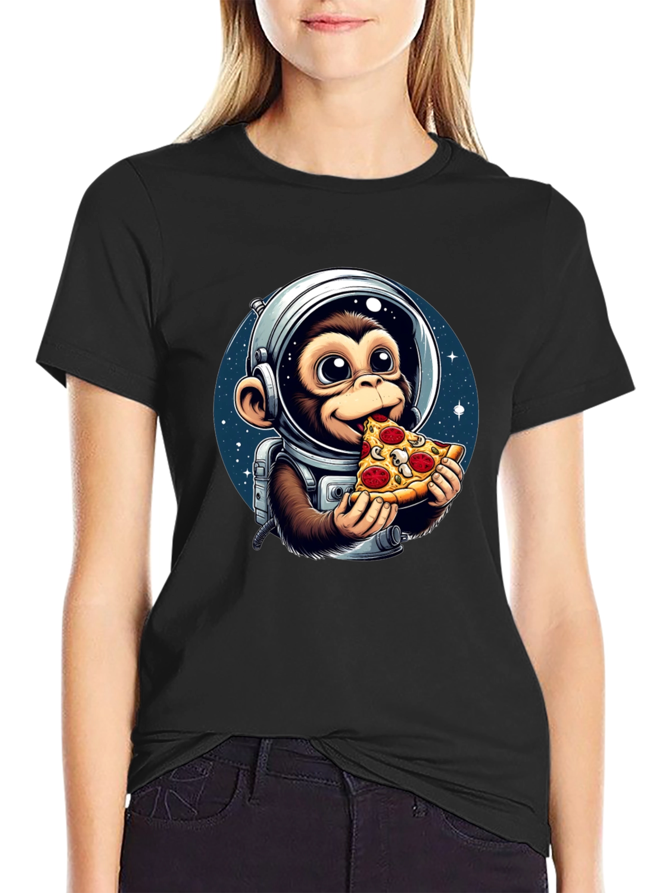 Monkey Astronaut Eating Pizza T-Shirt