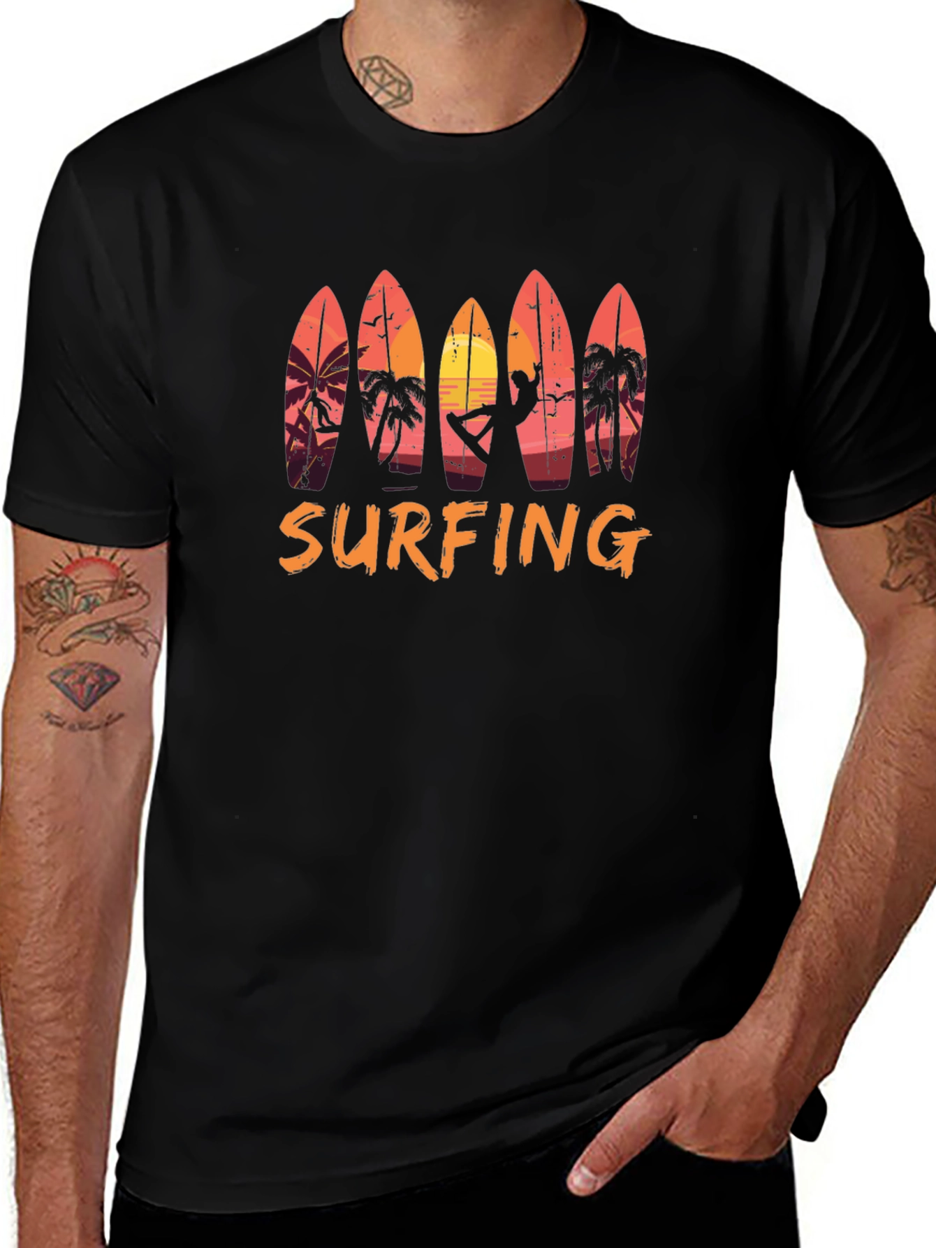 Surfing Sunset Graphic Tee - Beach Style Black T-Shirt