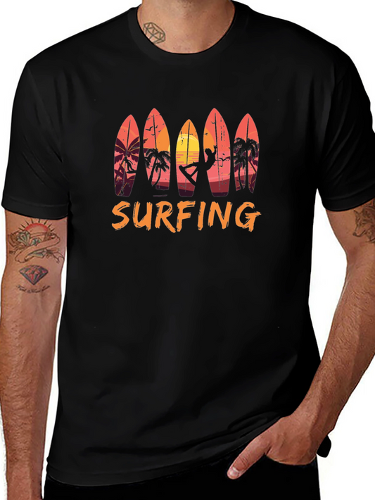 Surfing Sunset Graphic Tee - Beach Style Black T-Shirt