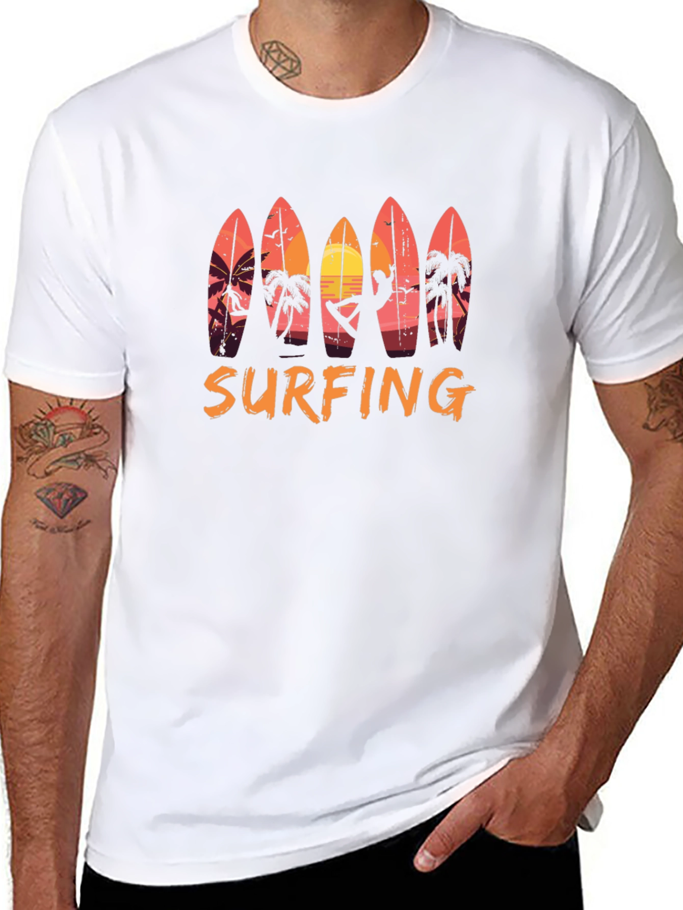Surfing Sunset Graphic Tee - Beach Style Black T-Shirt