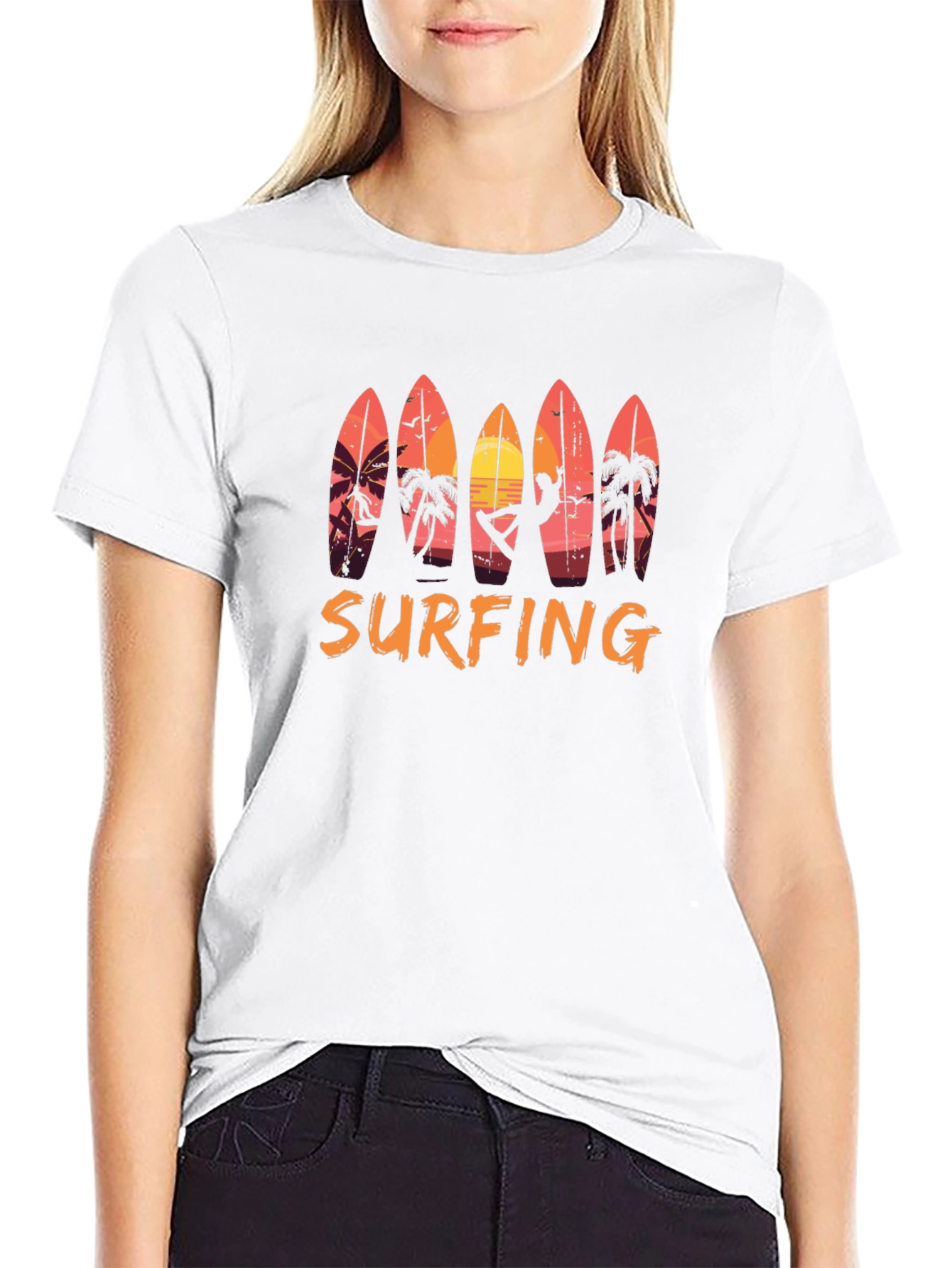 Surfing Sunset Graphic Tee - Beach Style Black T-Shirt
