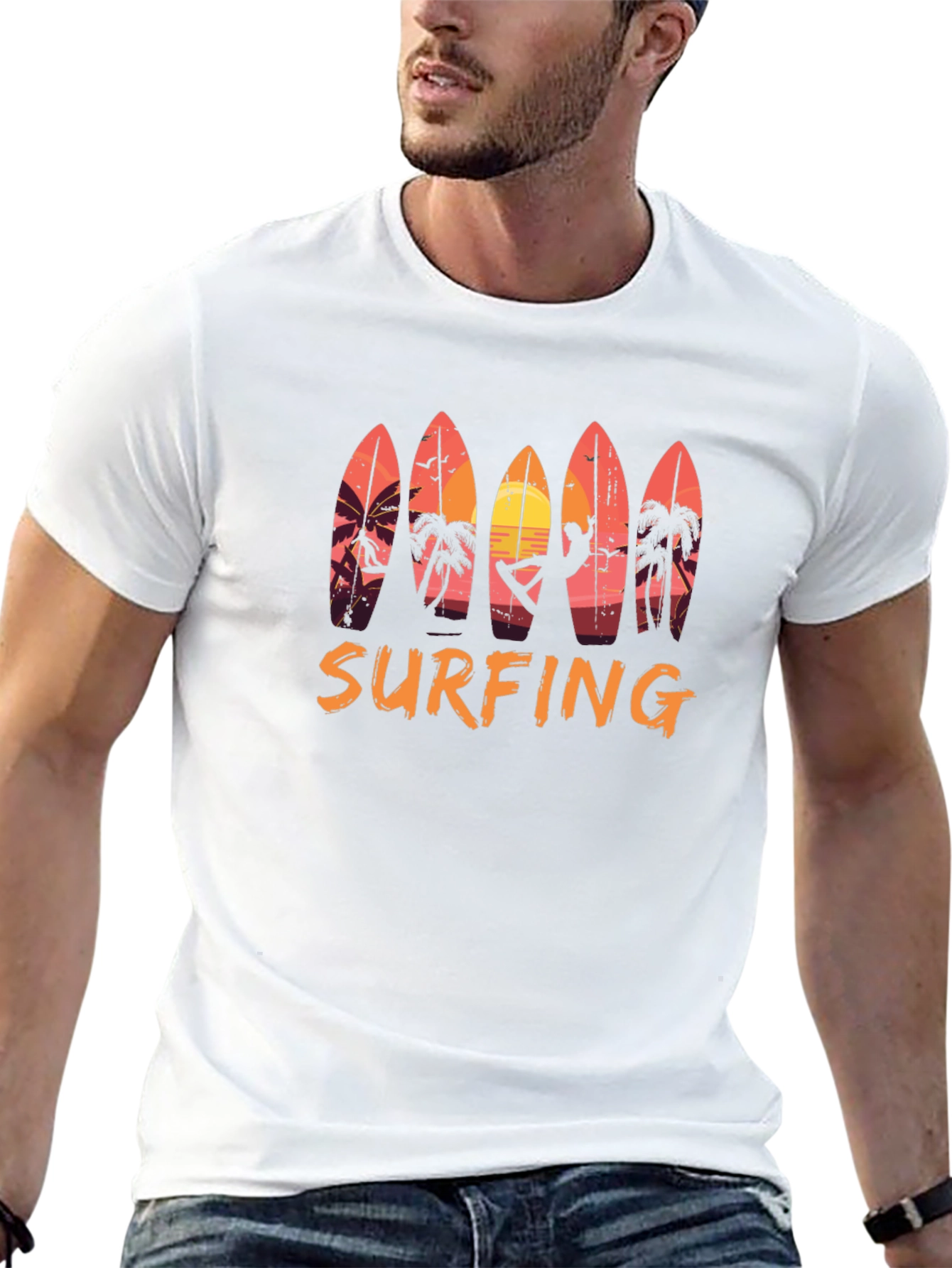 Surfing Sunset Graphic Tee - Beach Style Black T-Shirt