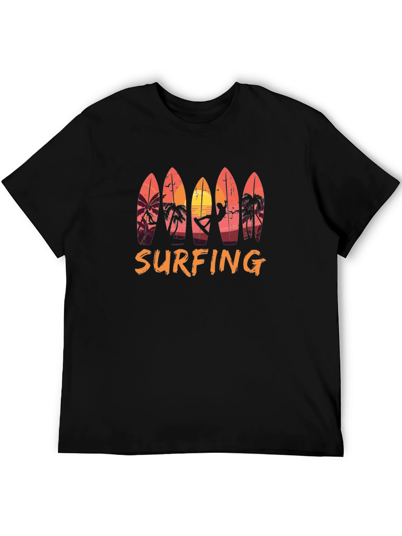 Surfing Sunset Graphic Tee - Beach Style Black T-Shirt