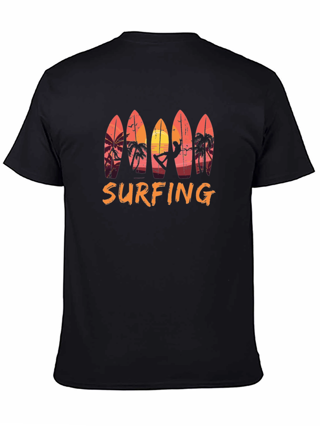 Surfing Sunset Graphic Tee - Beach Style Black T-Shirt