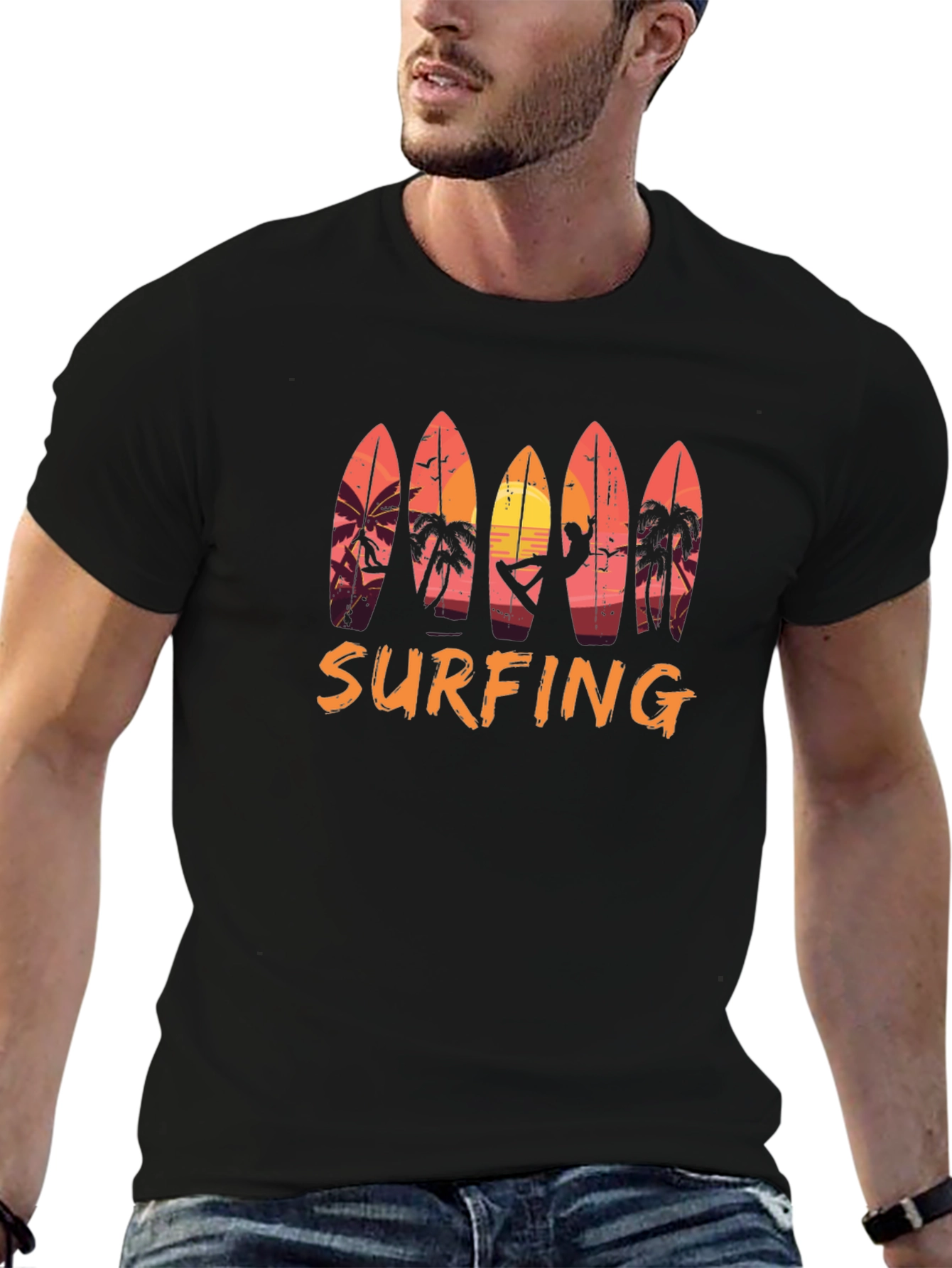 Surfing Sunset Graphic Tee - Beach Style Black T-Shirt