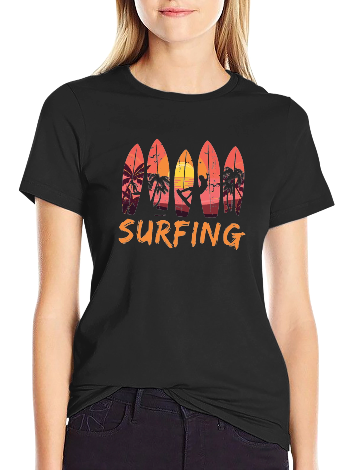 Surfing Sunset Graphic Tee - Beach Style Black T-Shirt