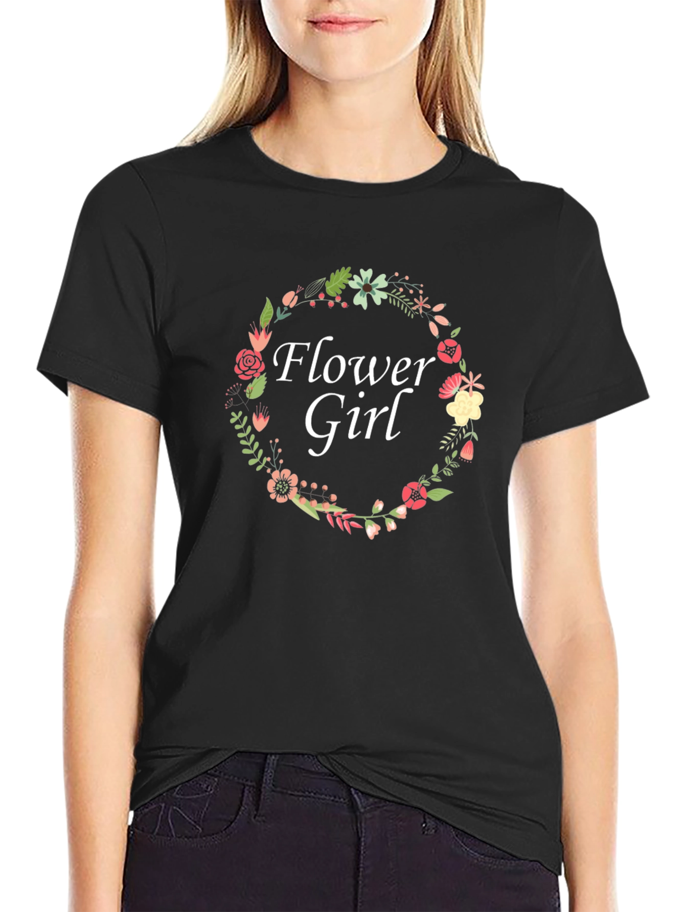Flower Girl Floral Wreath Black T-Shirt