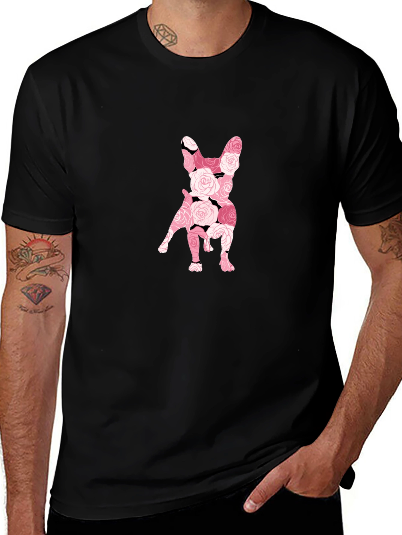 Floral French Bulldog Graphic Tee - Black