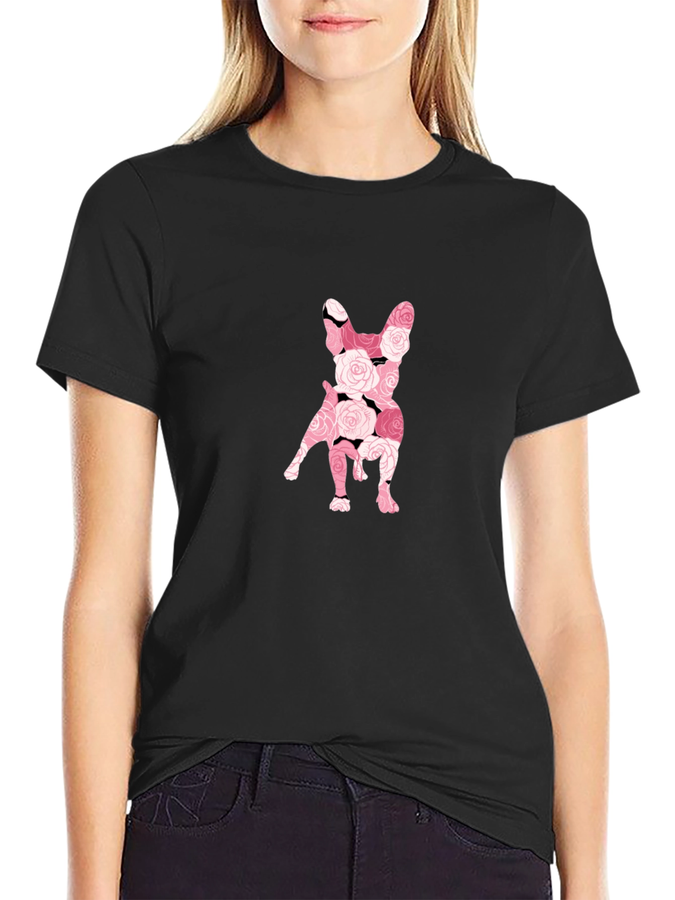Floral French Bulldog Graphic Tee - Black