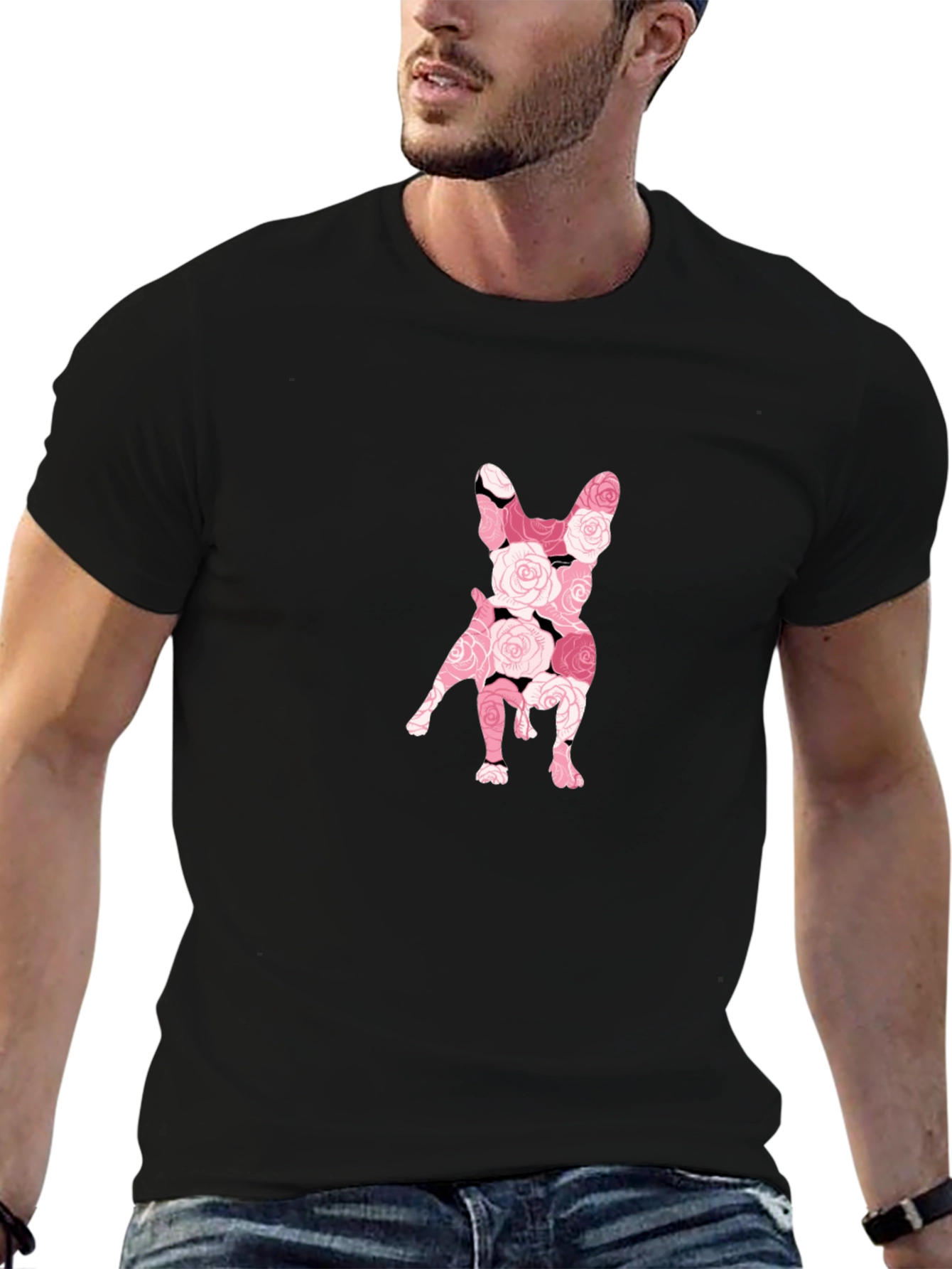 Floral French Bulldog Graphic Tee - Black