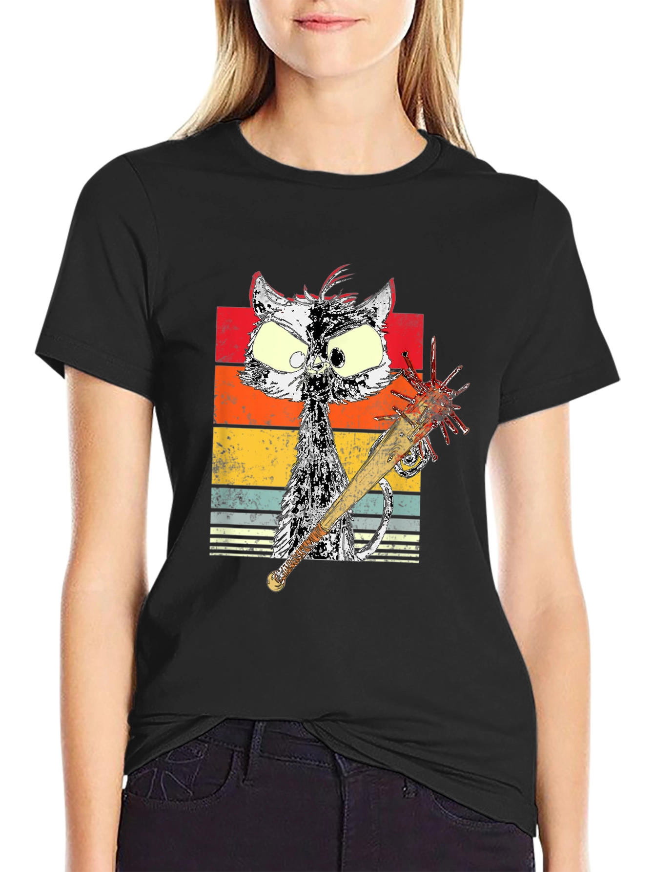 Retro Cat with Spiked Bat Graphic Tee