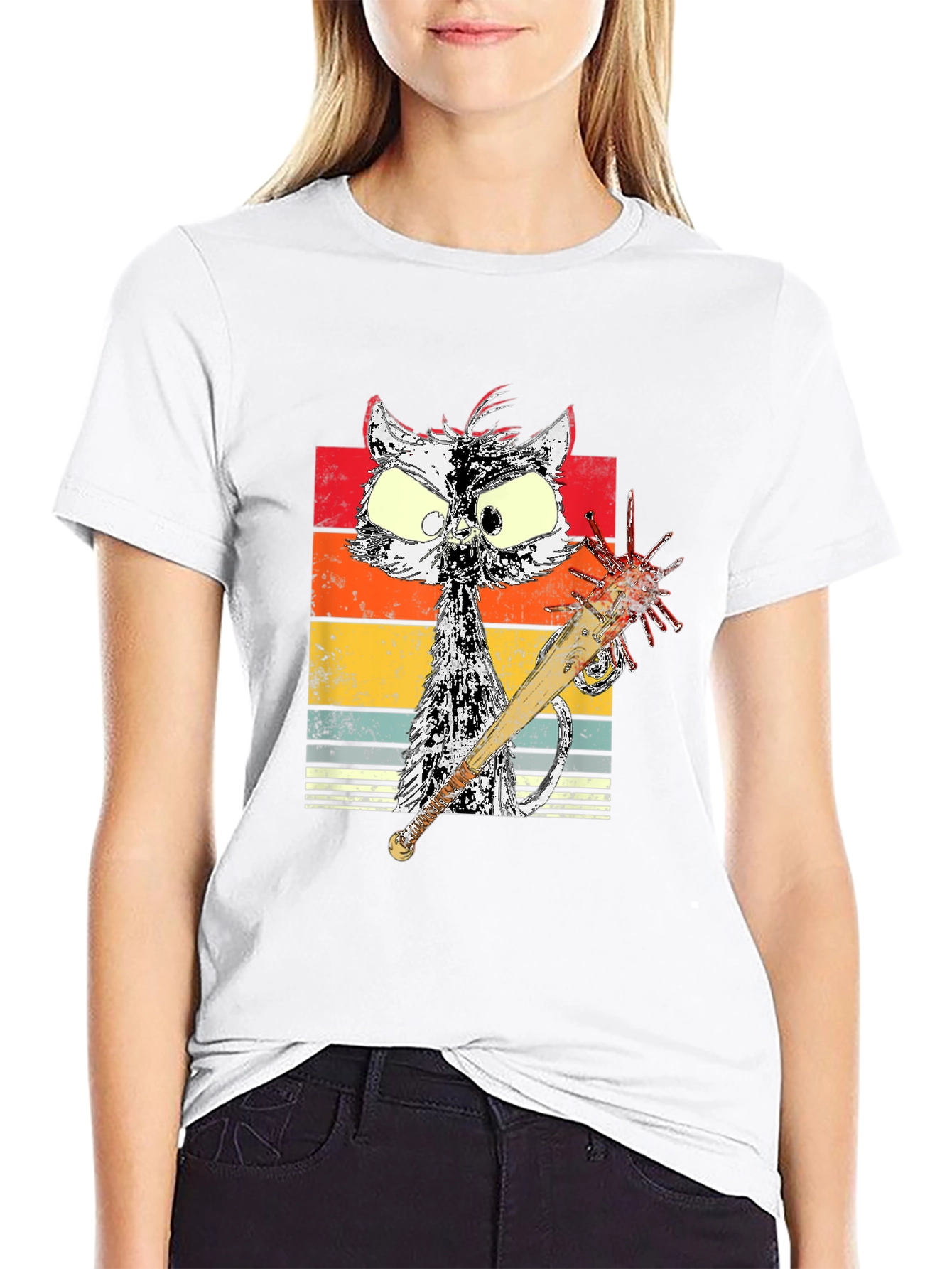 Retro Cat with Spiked Bat Graphic Tee