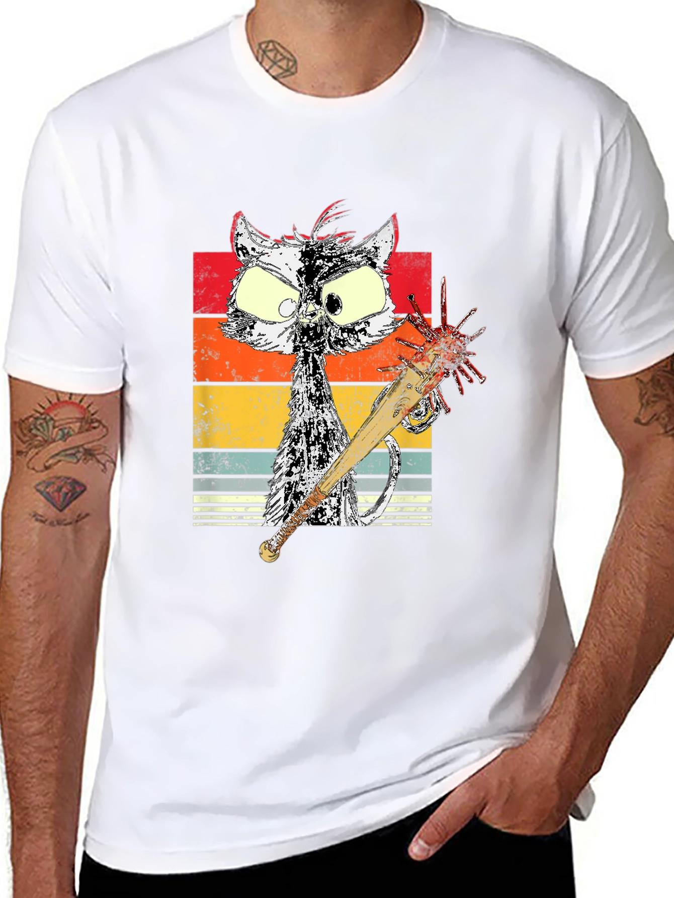 Retro Cat with Spiked Bat Graphic Tee
