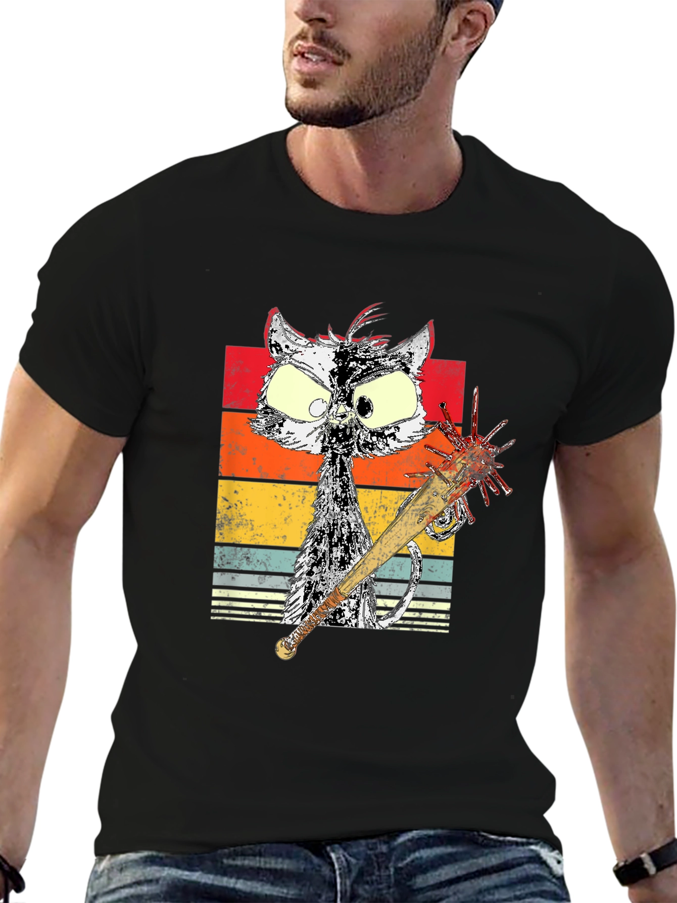 Retro Cat with Spiked Bat Graphic Tee