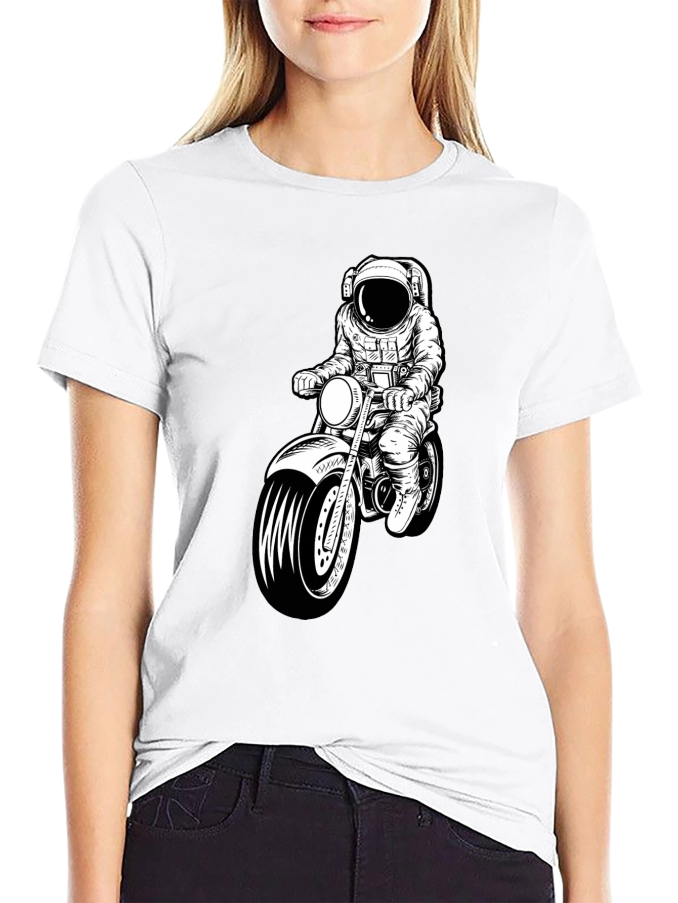Astronaut Motorcycle Graphic T-Shirt - Black Crew Neck