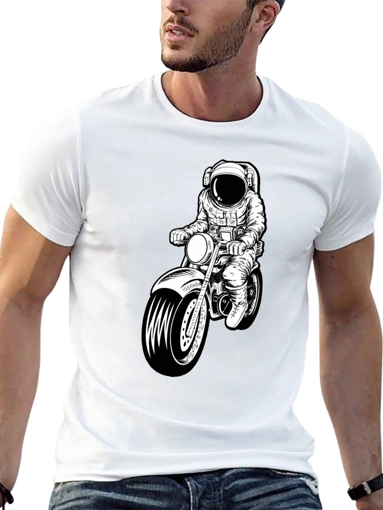 Astronaut Motorcycle Graphic T-Shirt - Black Crew Neck