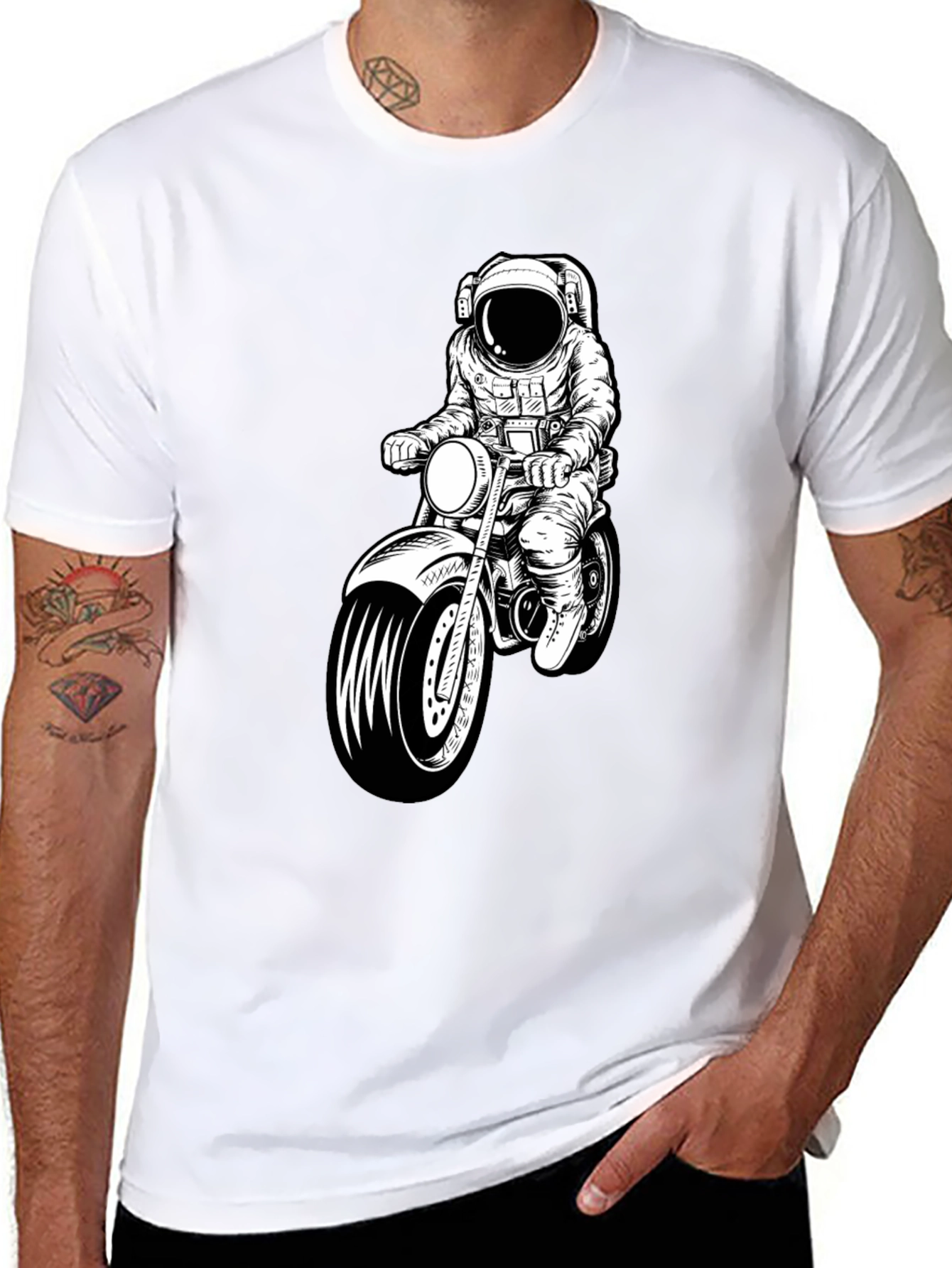 Astronaut Motorcycle Graphic T-Shirt - Black Crew Neck