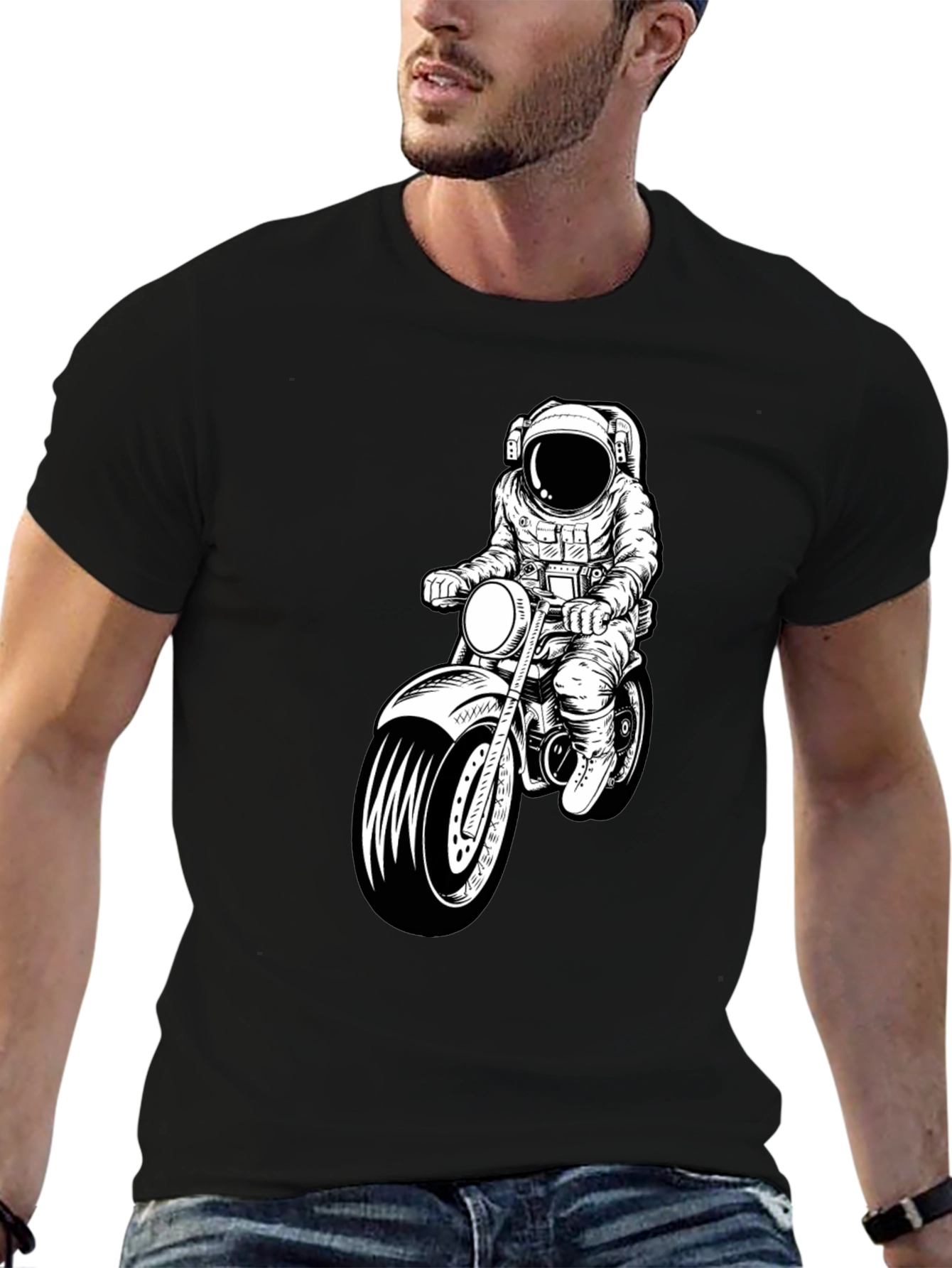 Astronaut Motorcycle Graphic T-Shirt - Black Crew Neck