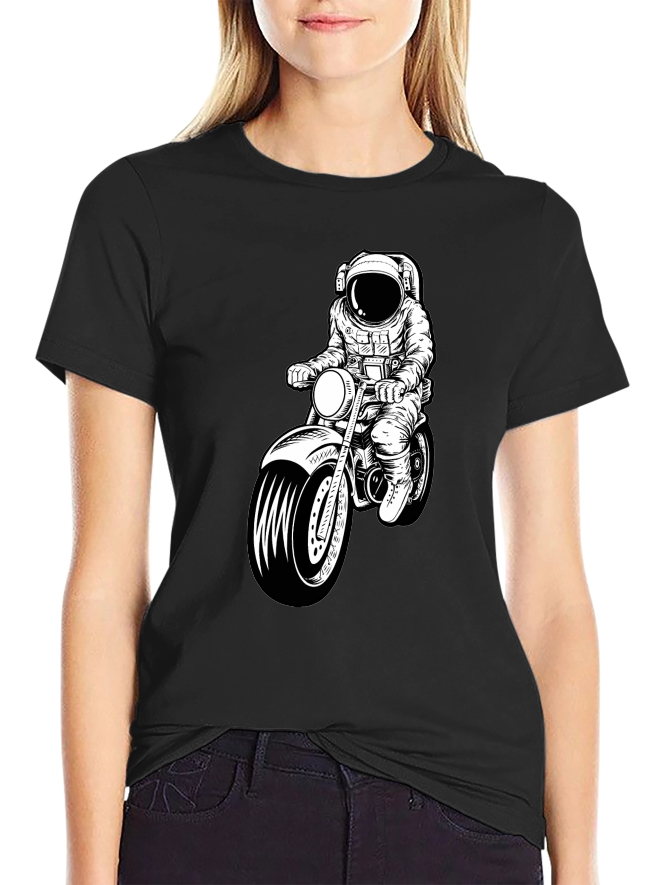 Astronaut Motorcycle Graphic T-Shirt - Black Crew Neck
