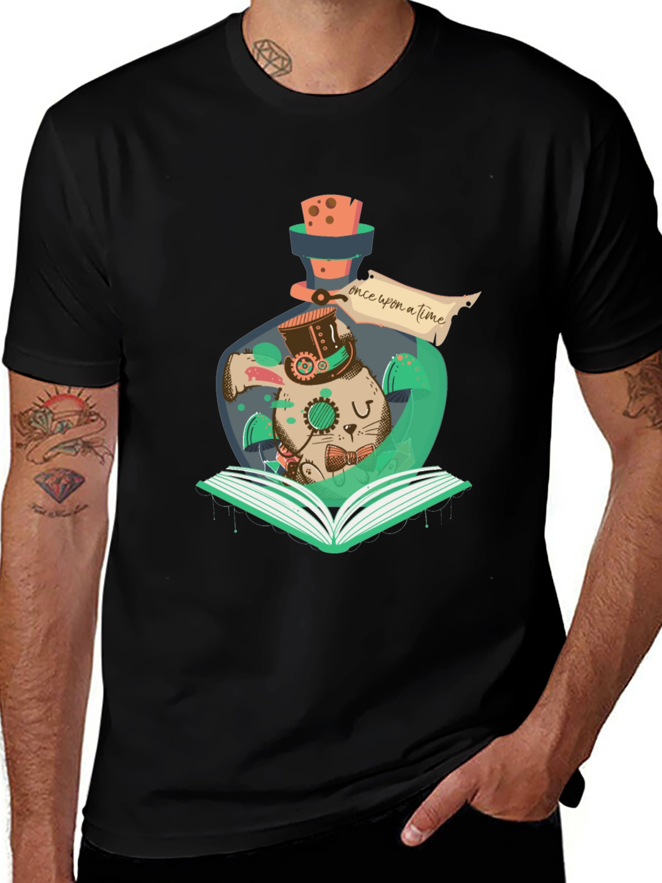 Steampunk Rabbit Bottle Graphic Tee - Mens Black T-Shirt
