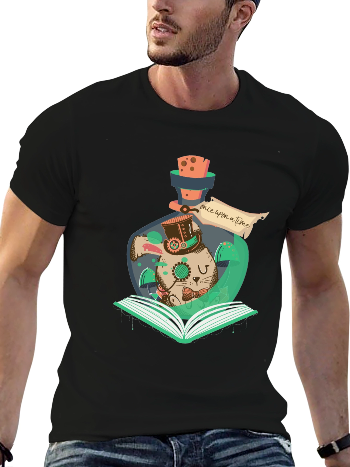 Steampunk Rabbit Bottle Graphic Tee - Mens Black T-Shirt