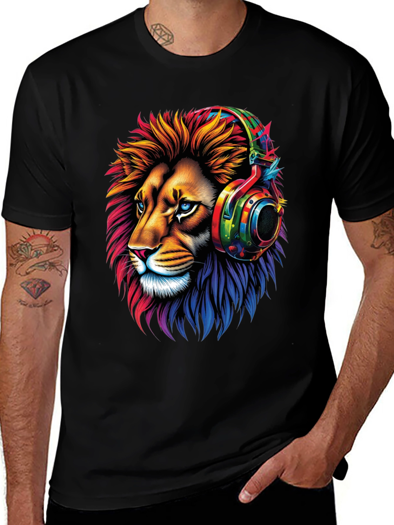 Lion Headphone Graphic Tee - Mens Black T-Shirt