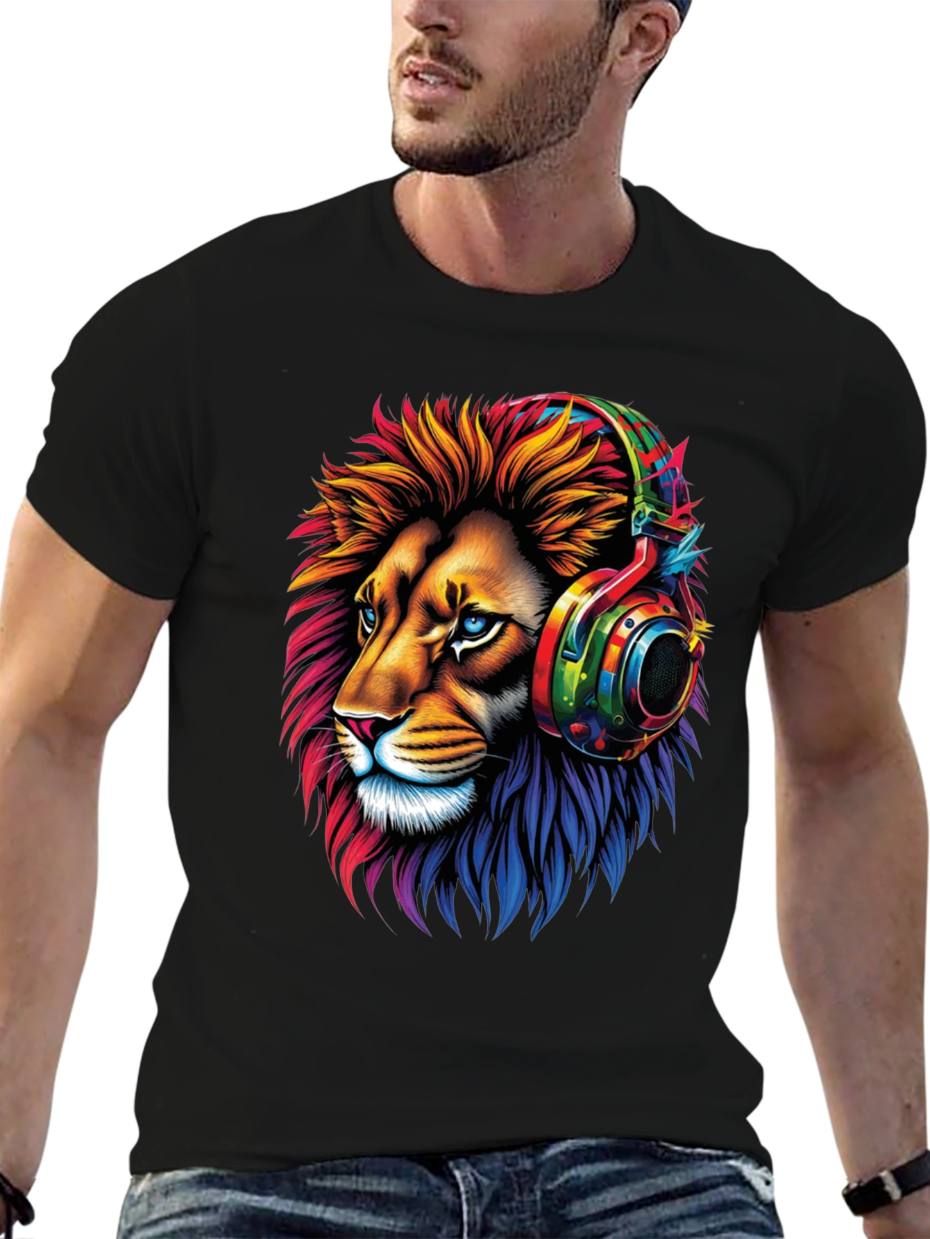 Lion Headphone Graphic Tee - Mens Black T-Shirt