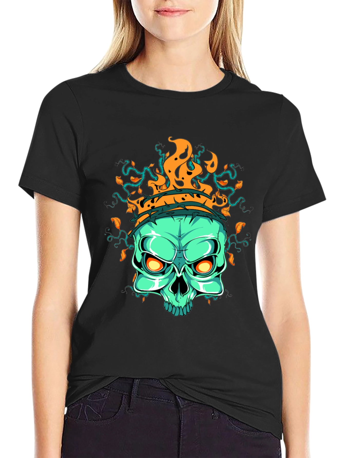 Flaming Skull Graphic T-Shirt - Black