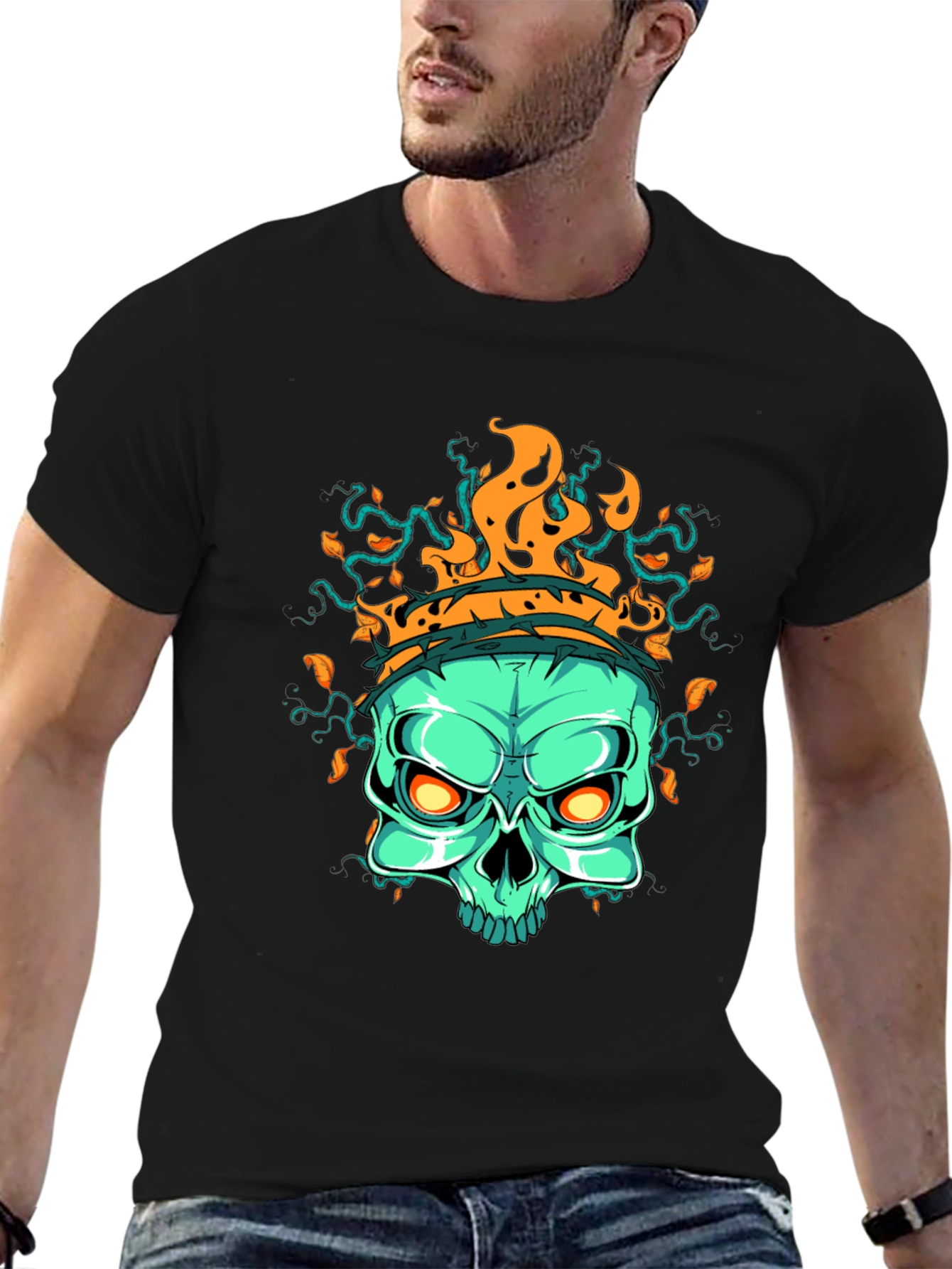 Flaming Skull Graphic T-Shirt - Black