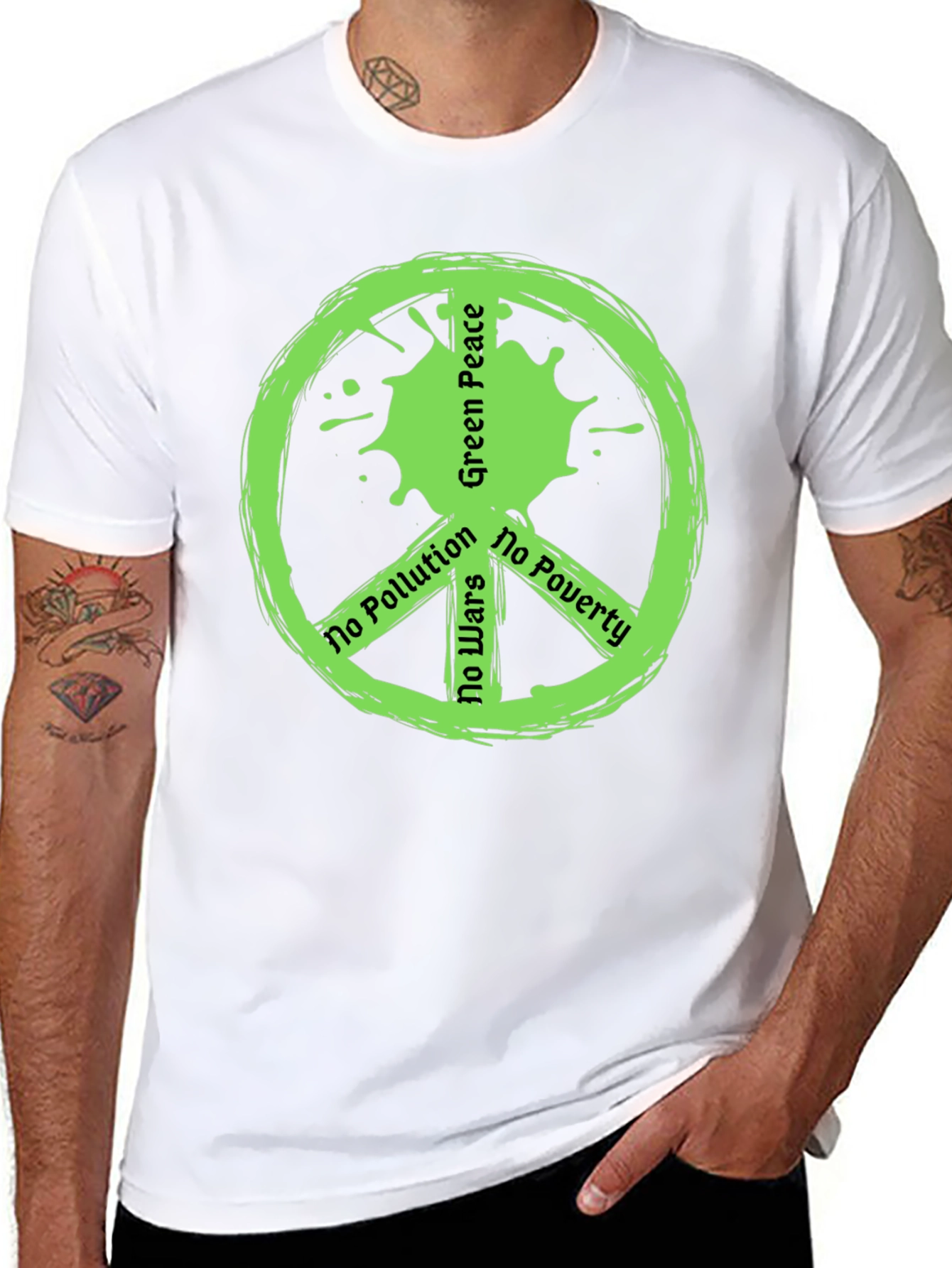 Green Peace Symbol T-Shirt - No Pollution Wars Poverty