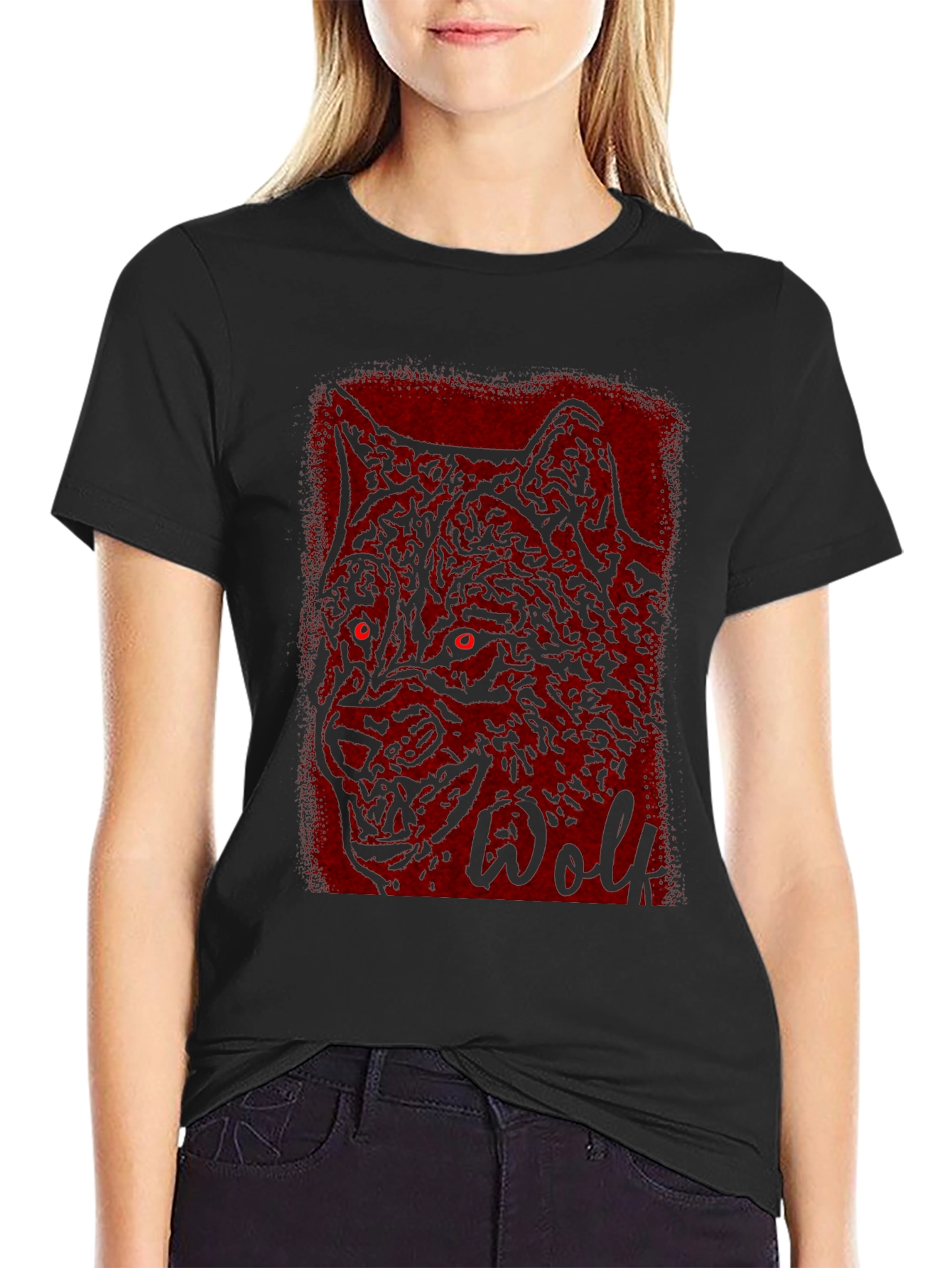 Mens Black T-Shirt with Wolf Graphic Design