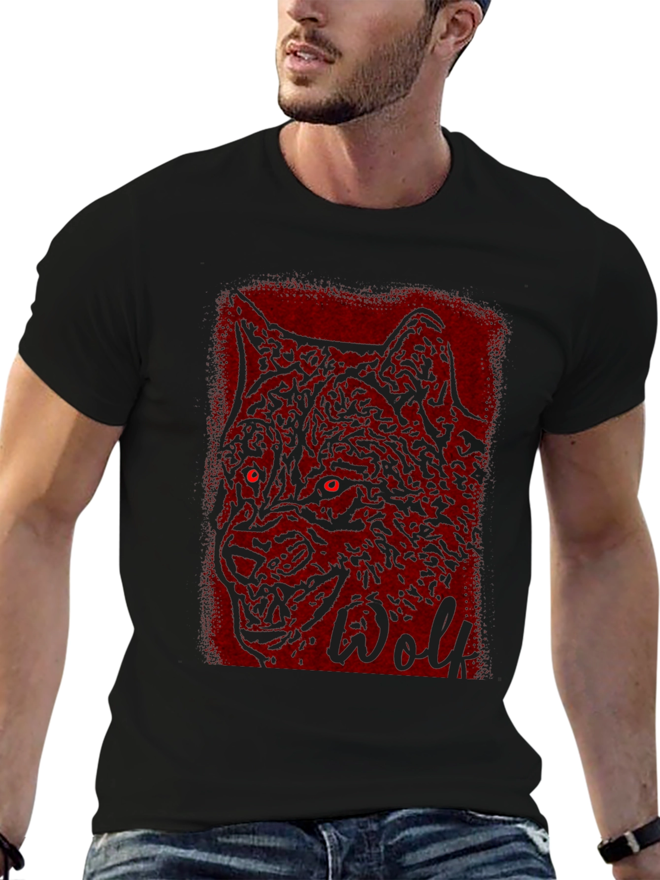 Mens Black T-Shirt with Wolf Graphic Design