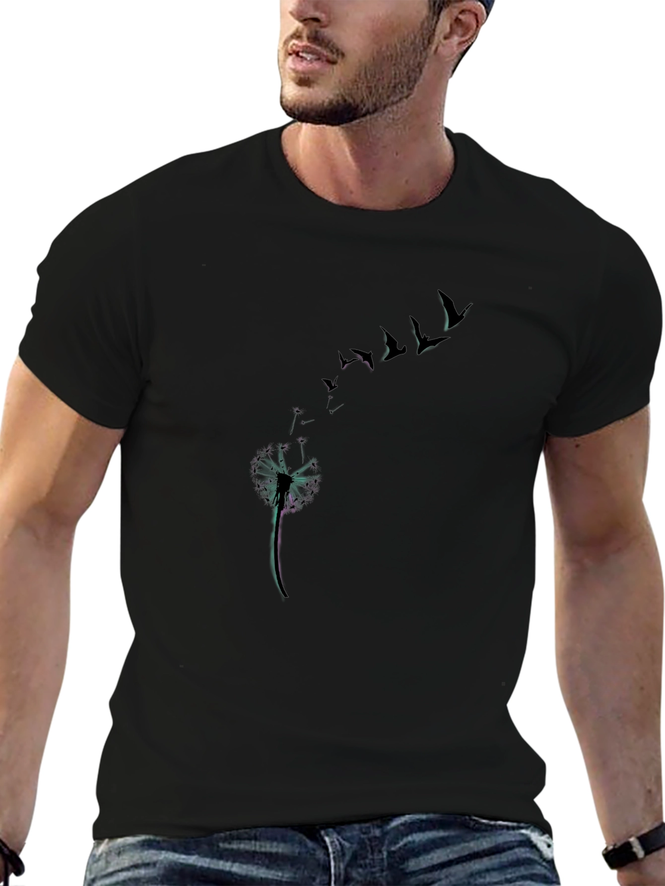 Dandelion Bird Flight Black Graphic Tee