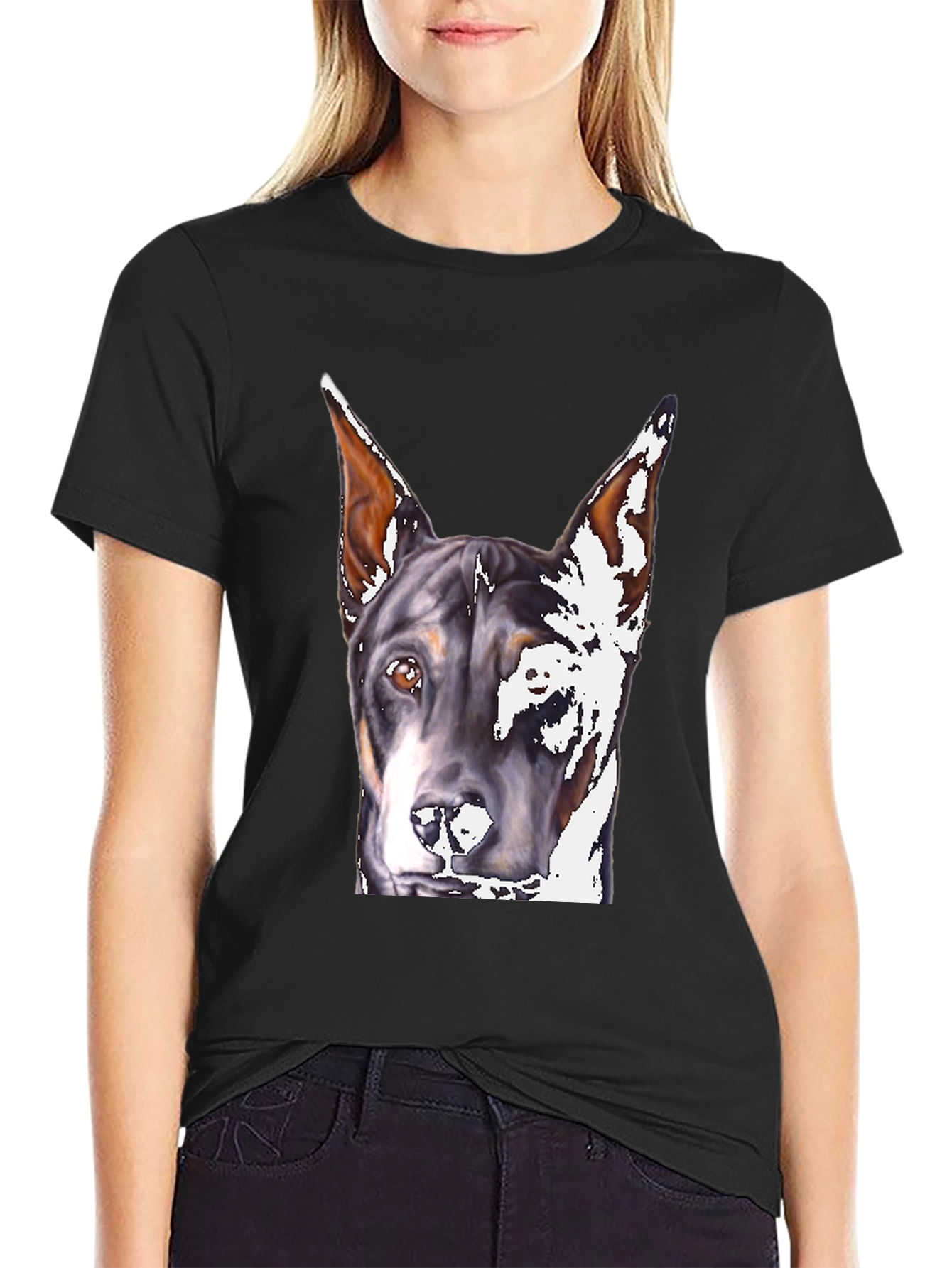 Doberman Dog Portrait Black T-Shirt
