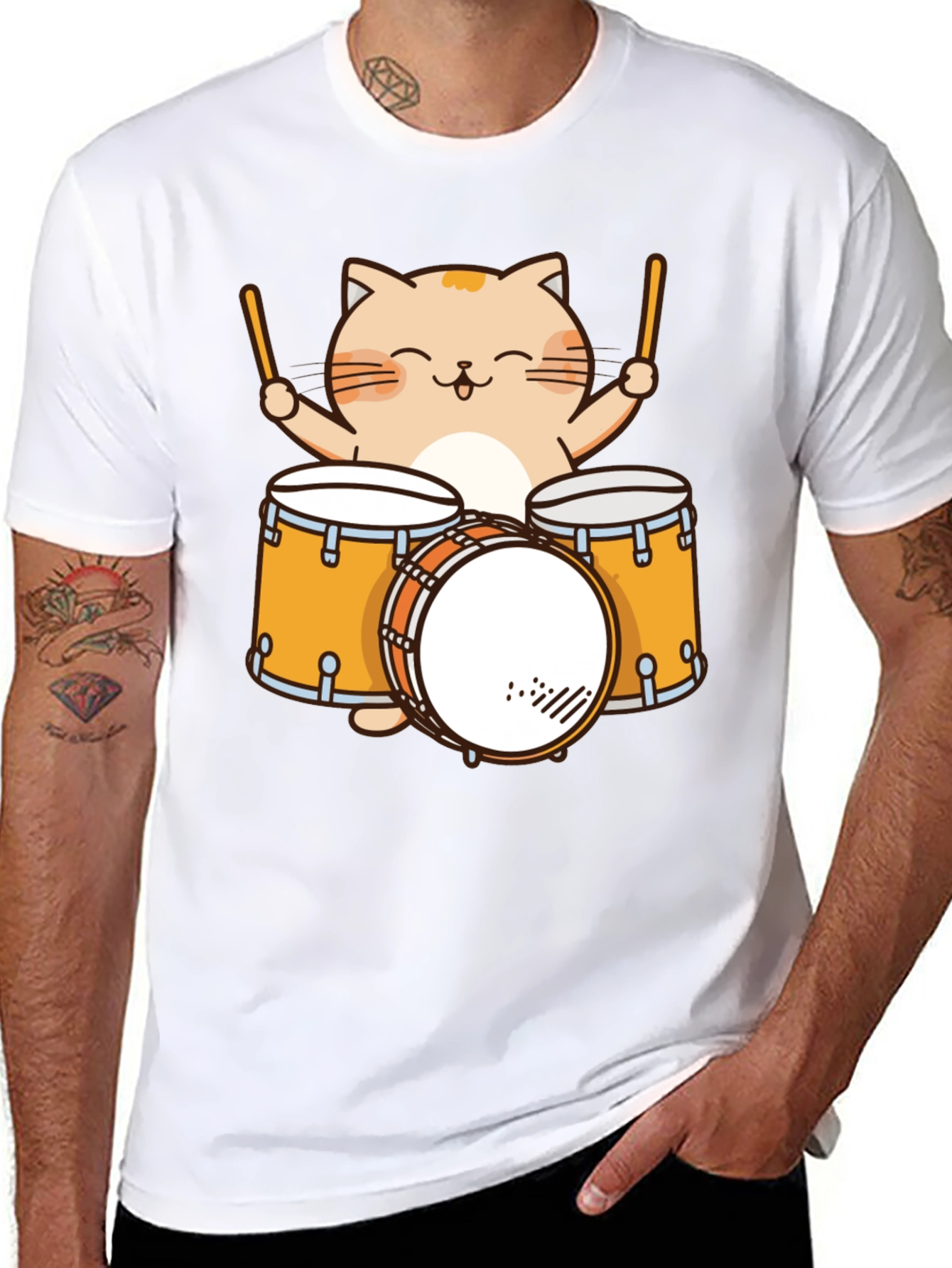 Cat Drummer T-Shirt - Cute Cartoon Musician Tee