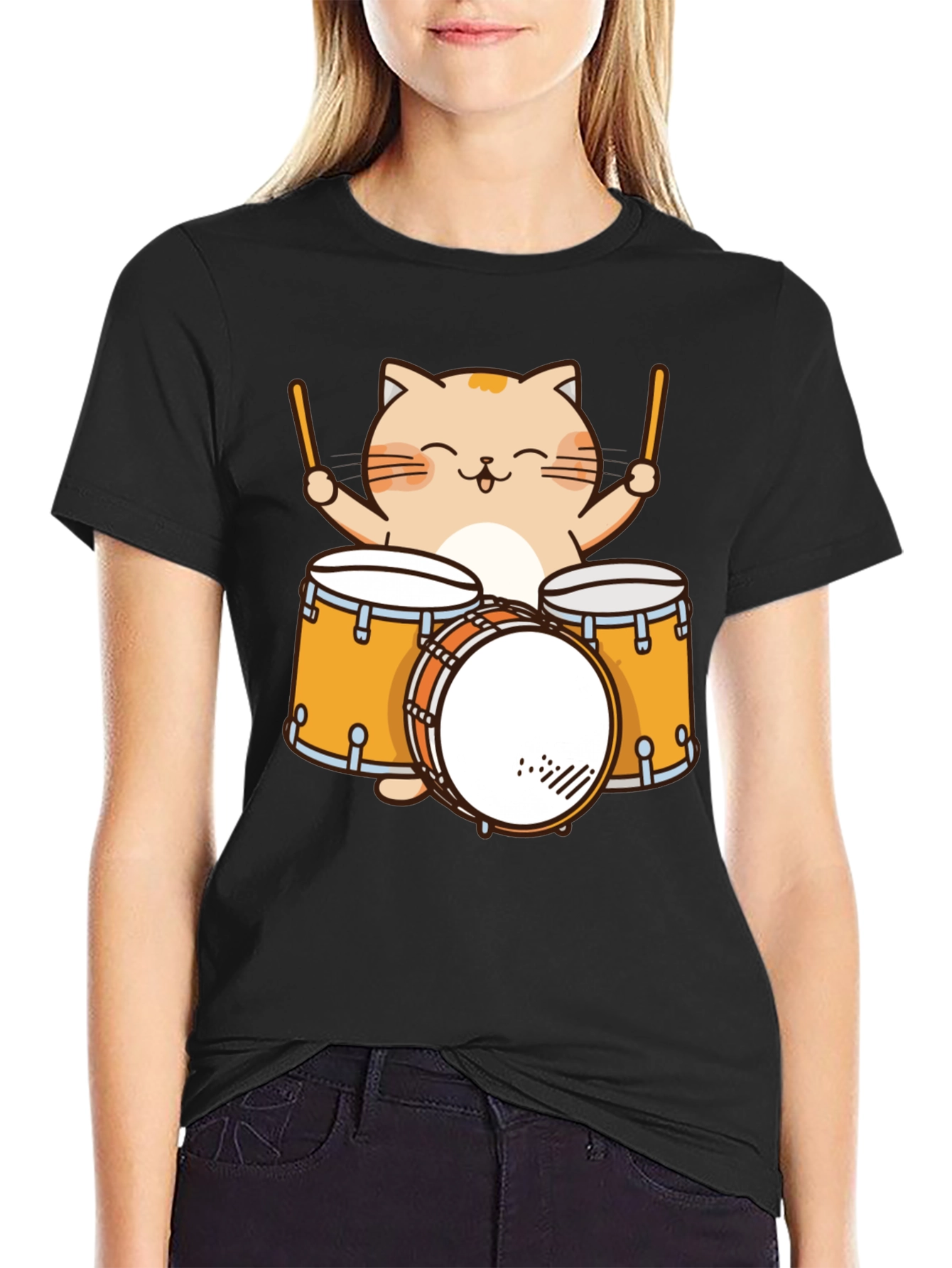 Cat Drummer T-Shirt - Cute Cartoon Musician Tee