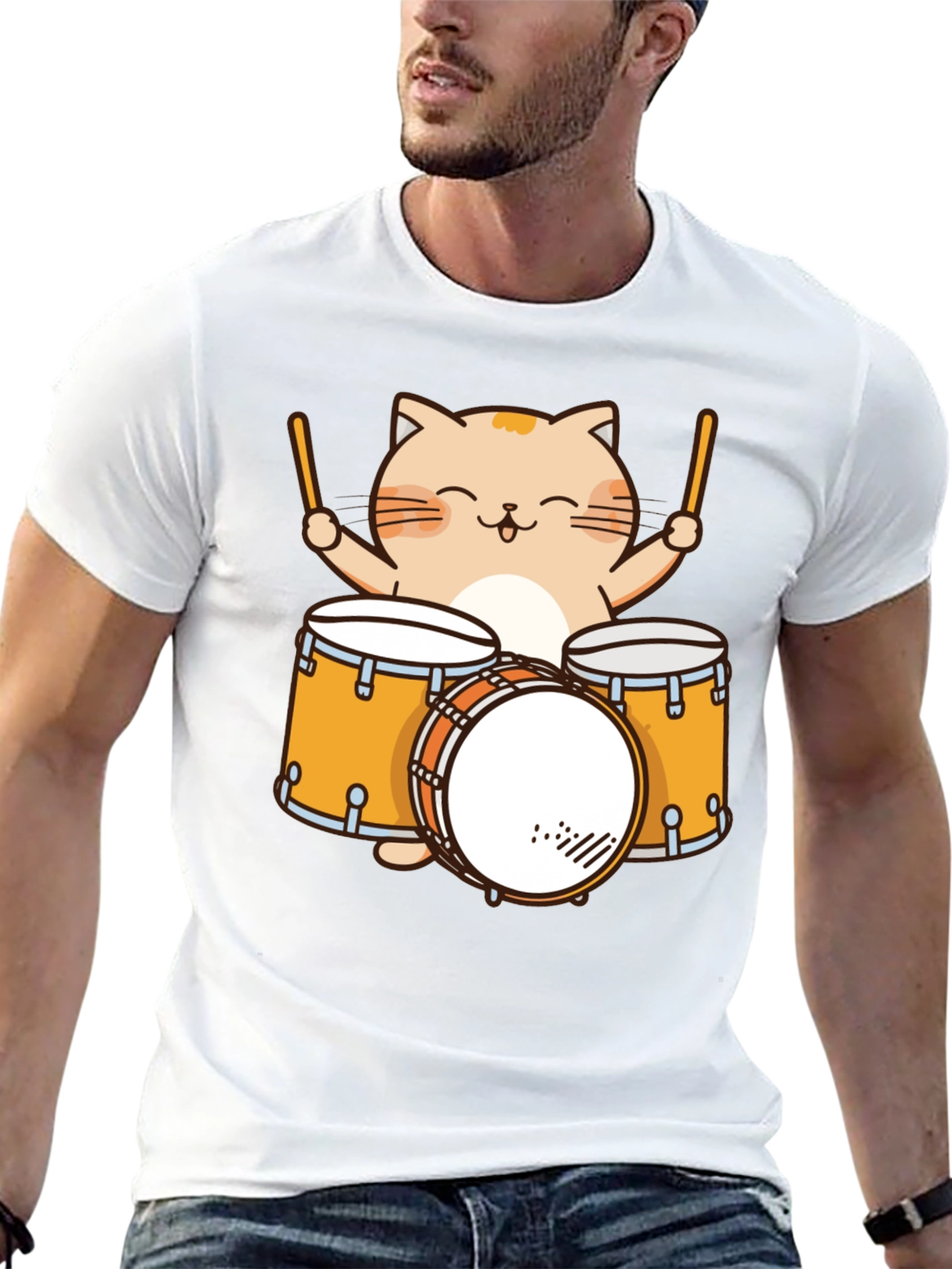 Cat Drummer T-Shirt - Cute Cartoon Musician Tee