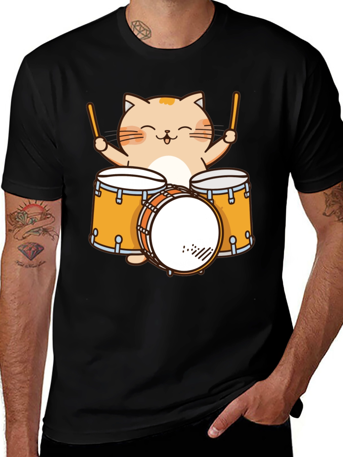 Cat Drummer T-Shirt - Cute Cartoon Musician Tee