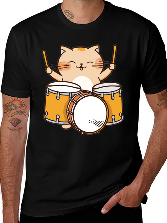 Cat Drummer T-Shirt - Cute Cartoon Musician Tee