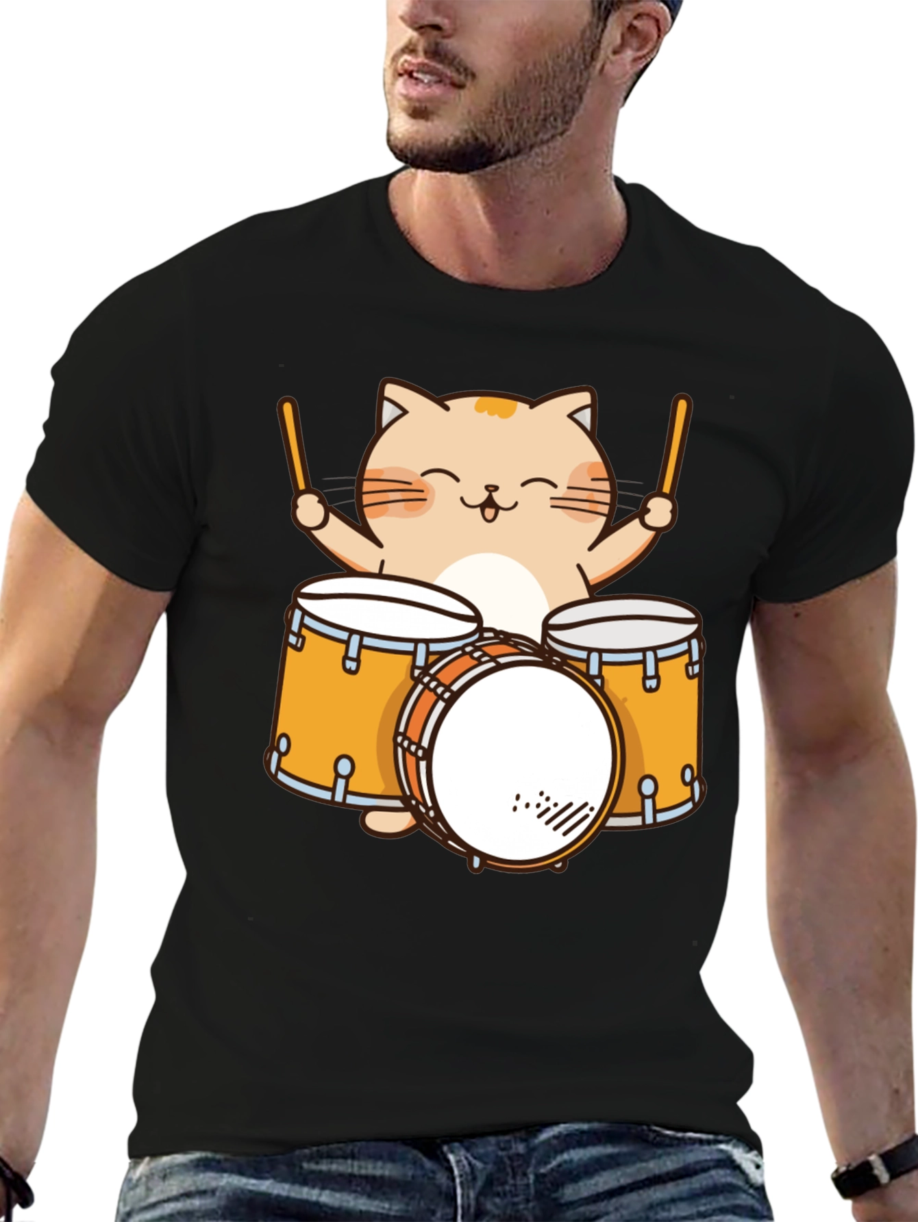Cat Drummer T-Shirt - Cute Cartoon Musician Tee
