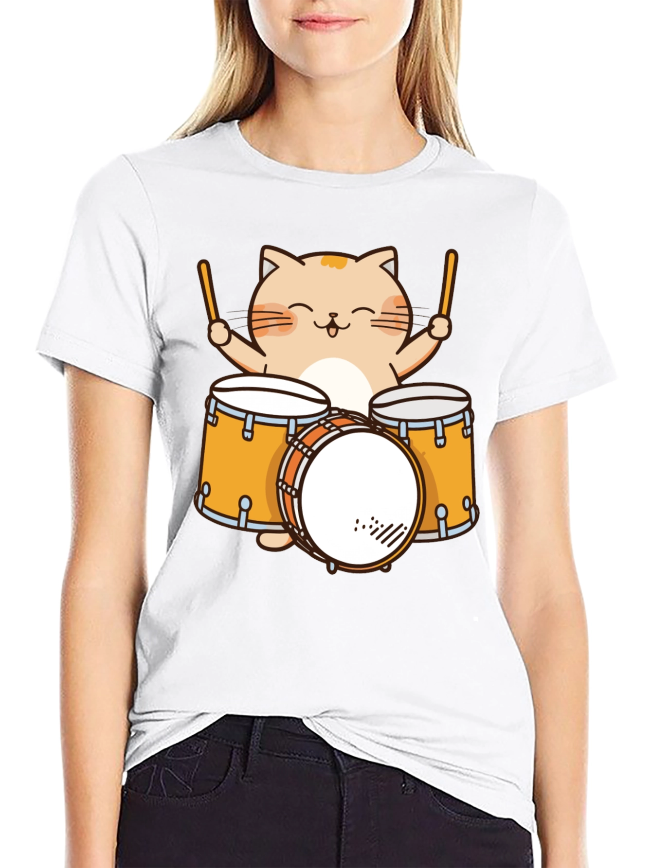 Cat Drummer T-Shirt - Cute Cartoon Musician Tee