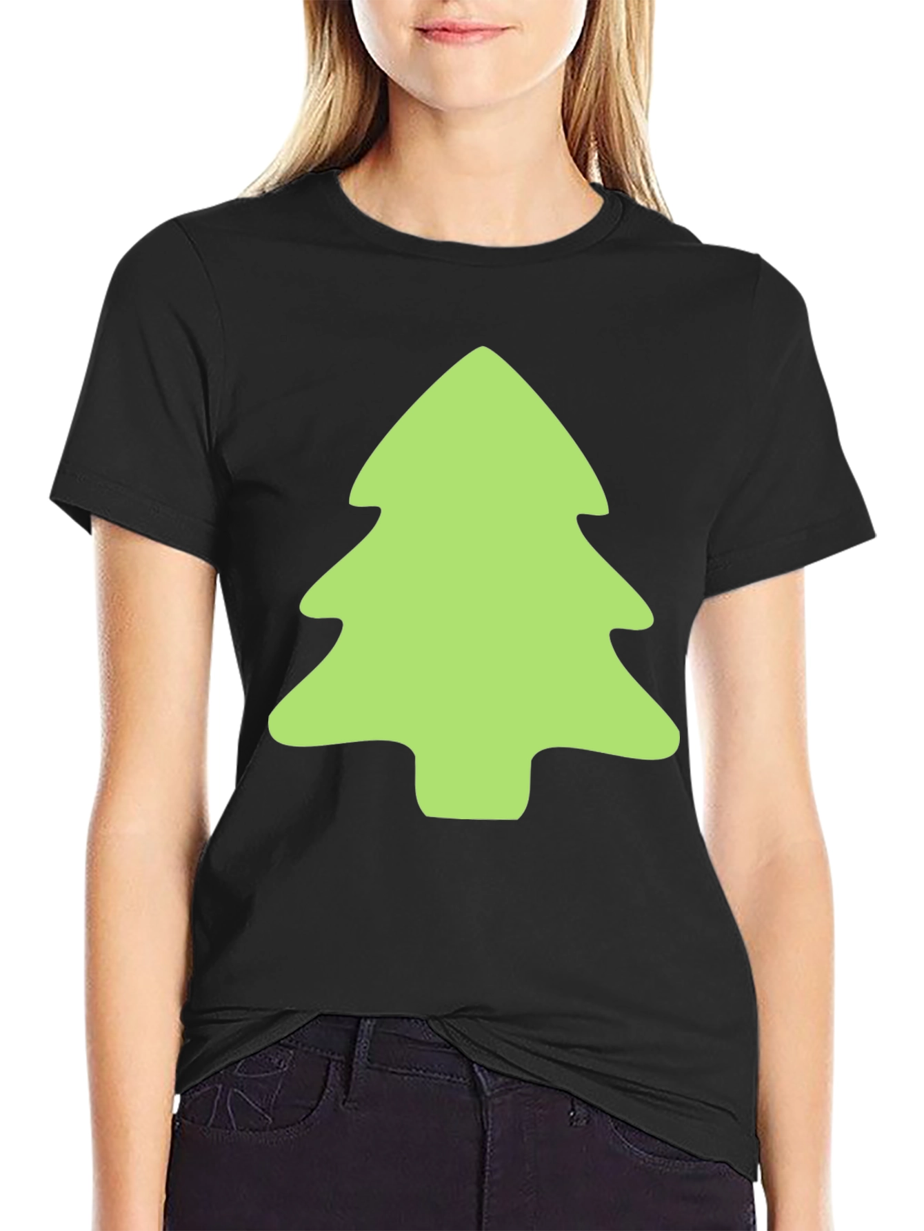 Festive Green Tree Graphic Black T-Shirt