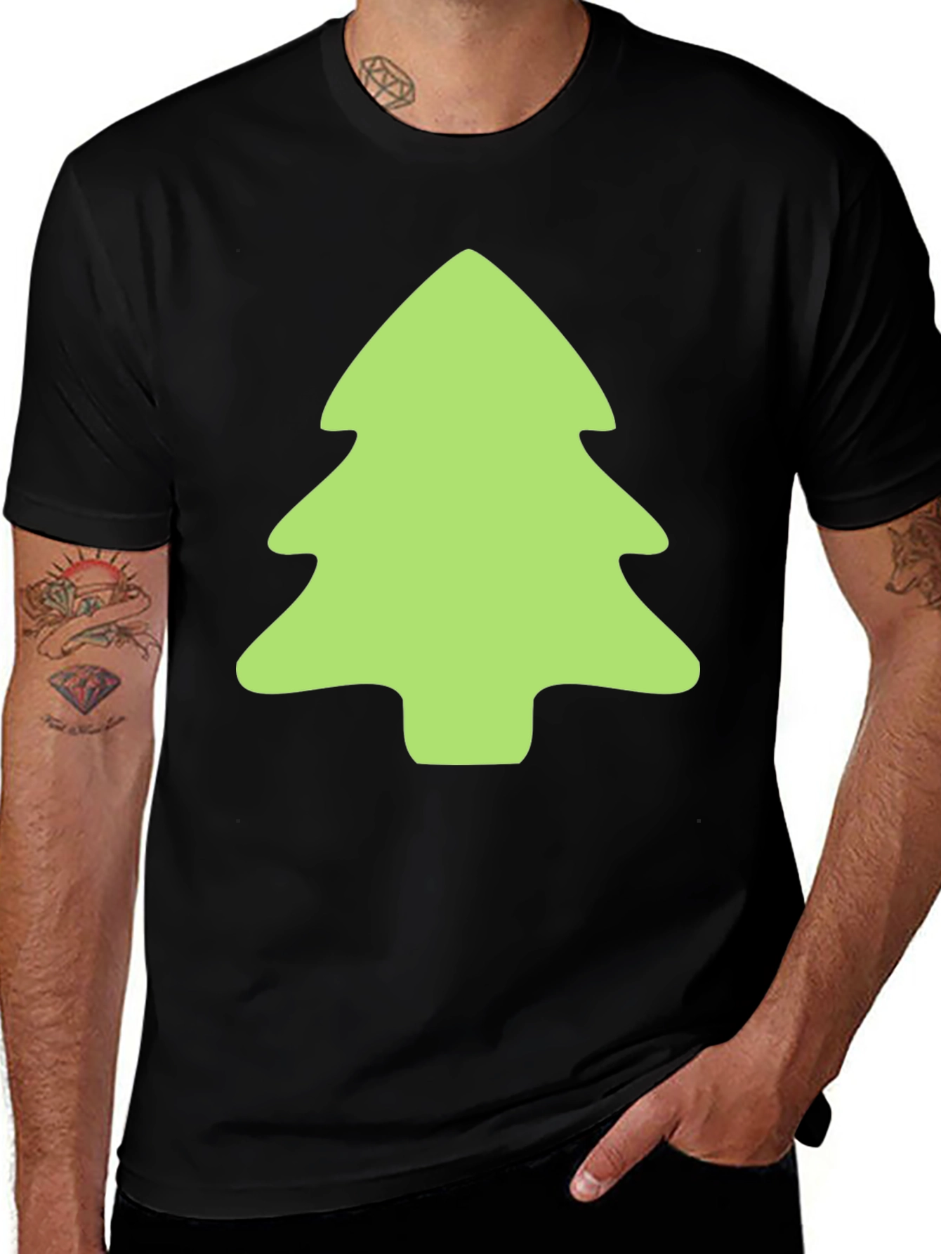 Festive Green Tree Graphic Black T-Shirt