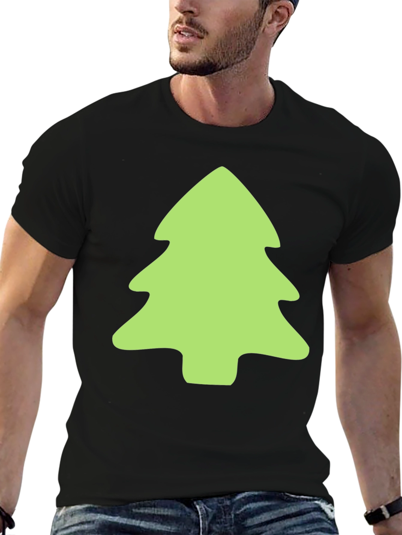 Festive Green Tree Graphic Black T-Shirt