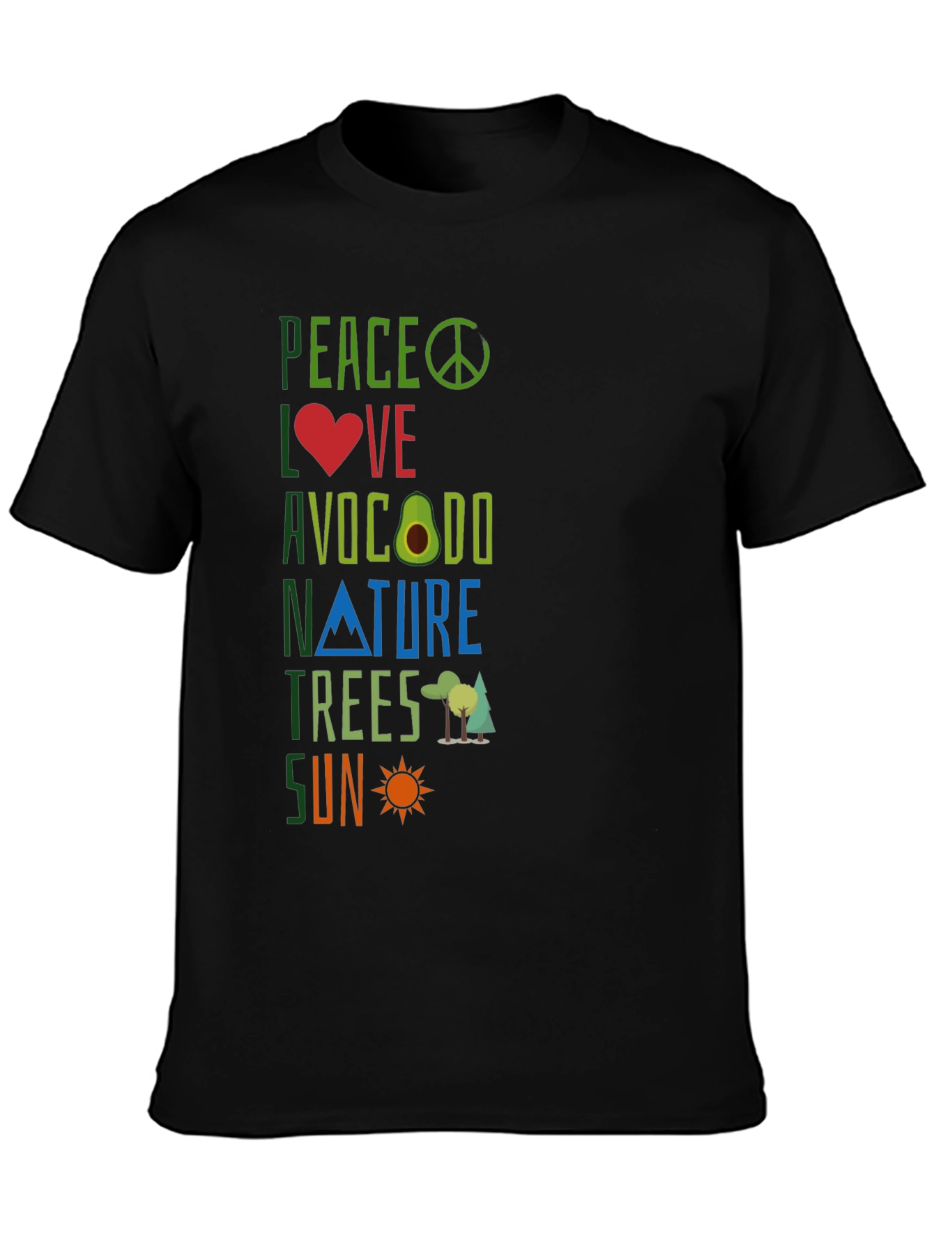 Peace Love Avocado Nature Trees Sun Graphic Tee