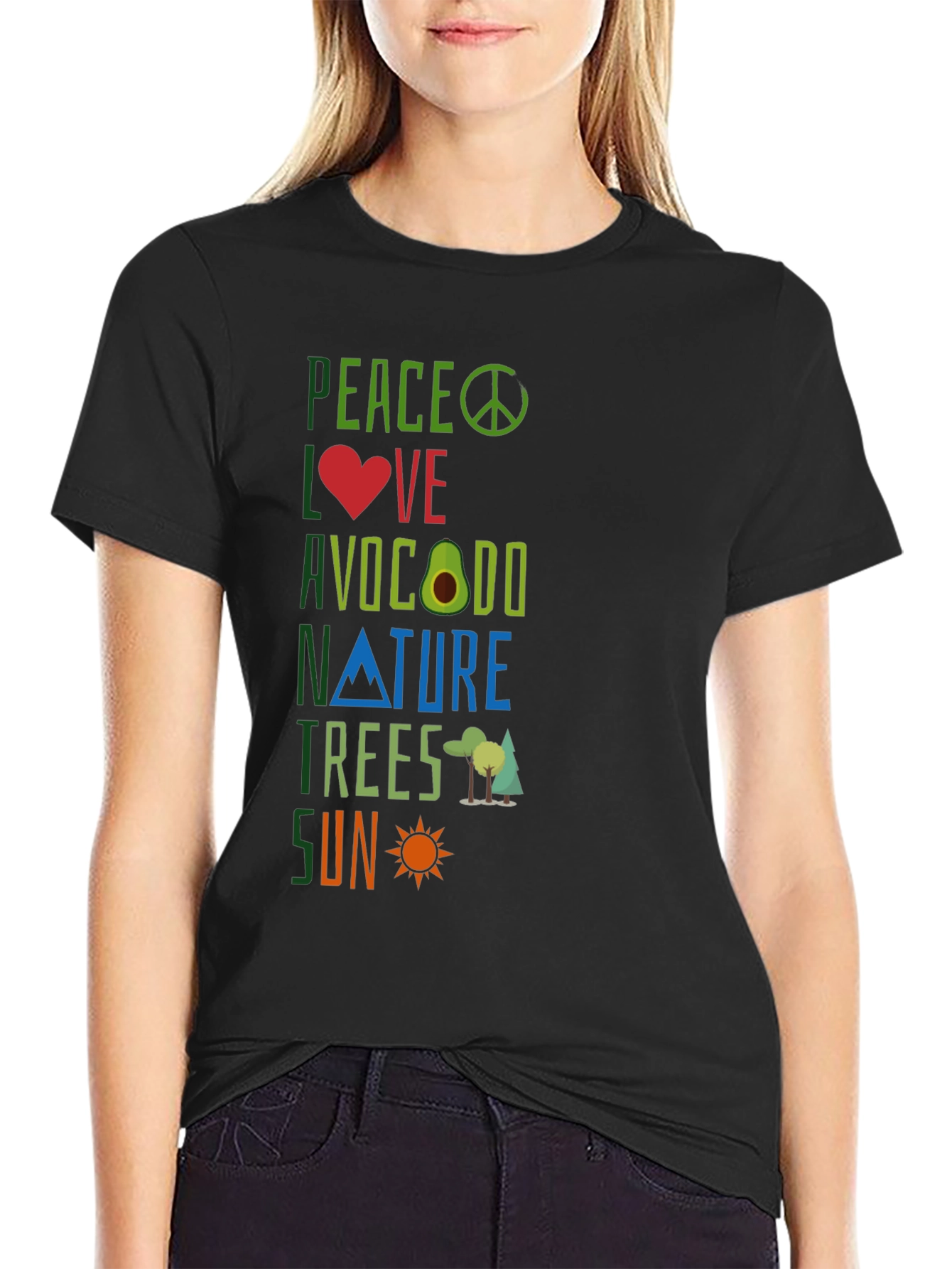 Peace Love Avocado Nature Trees Sun Graphic Tee