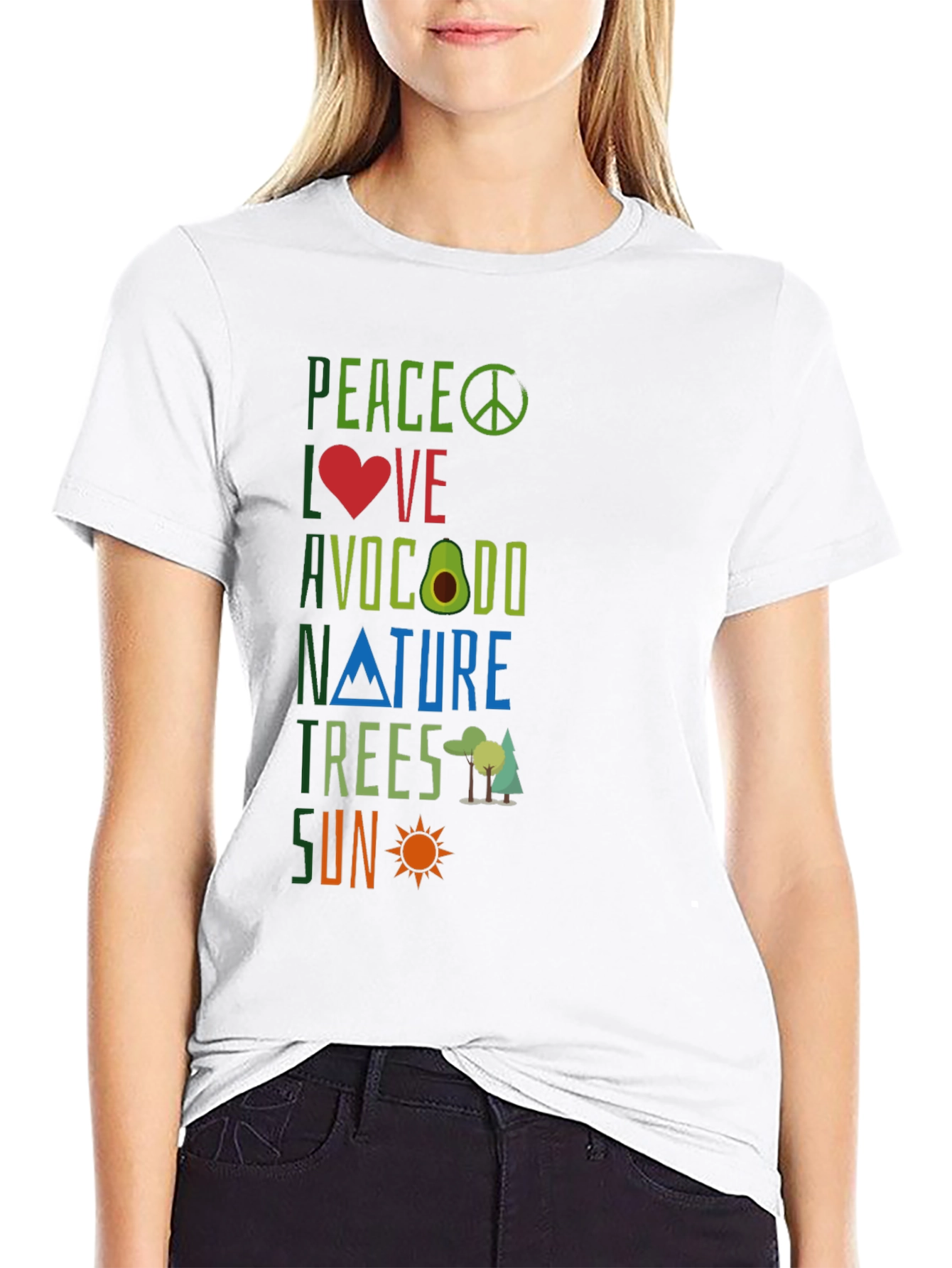 Peace Love Avocado Nature Trees Sun Graphic Tee
