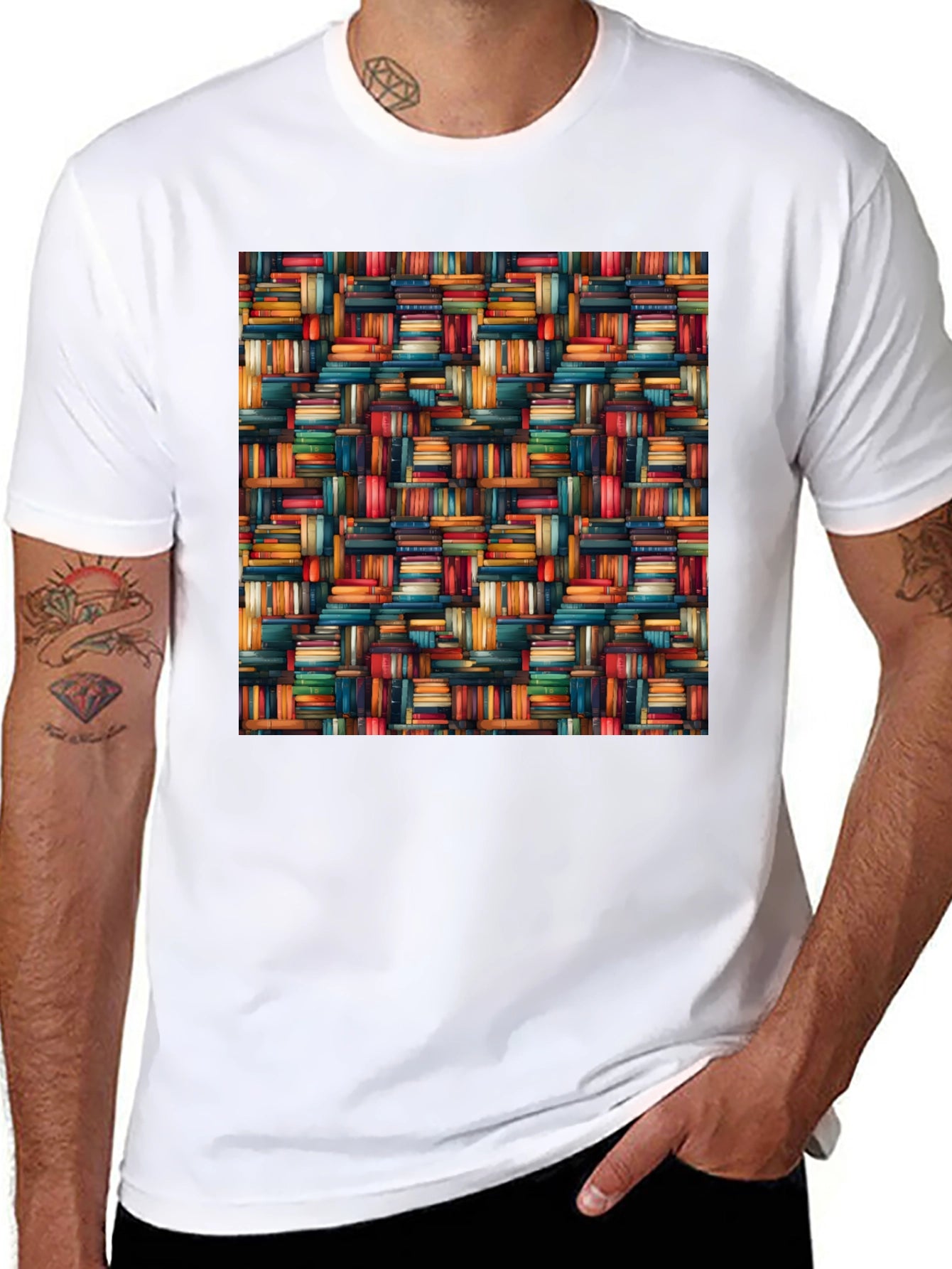 Book Stack Pattern Mens Black T-Shirt